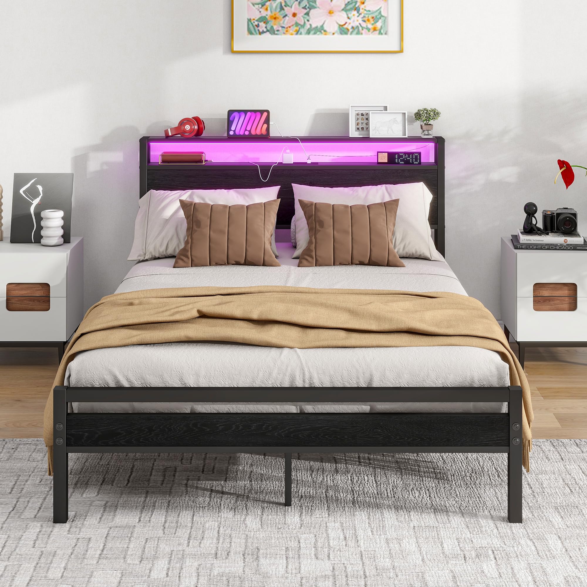 BORPHOM Double Bed Frame with Storage Headboard, LED Lights & USB Ports