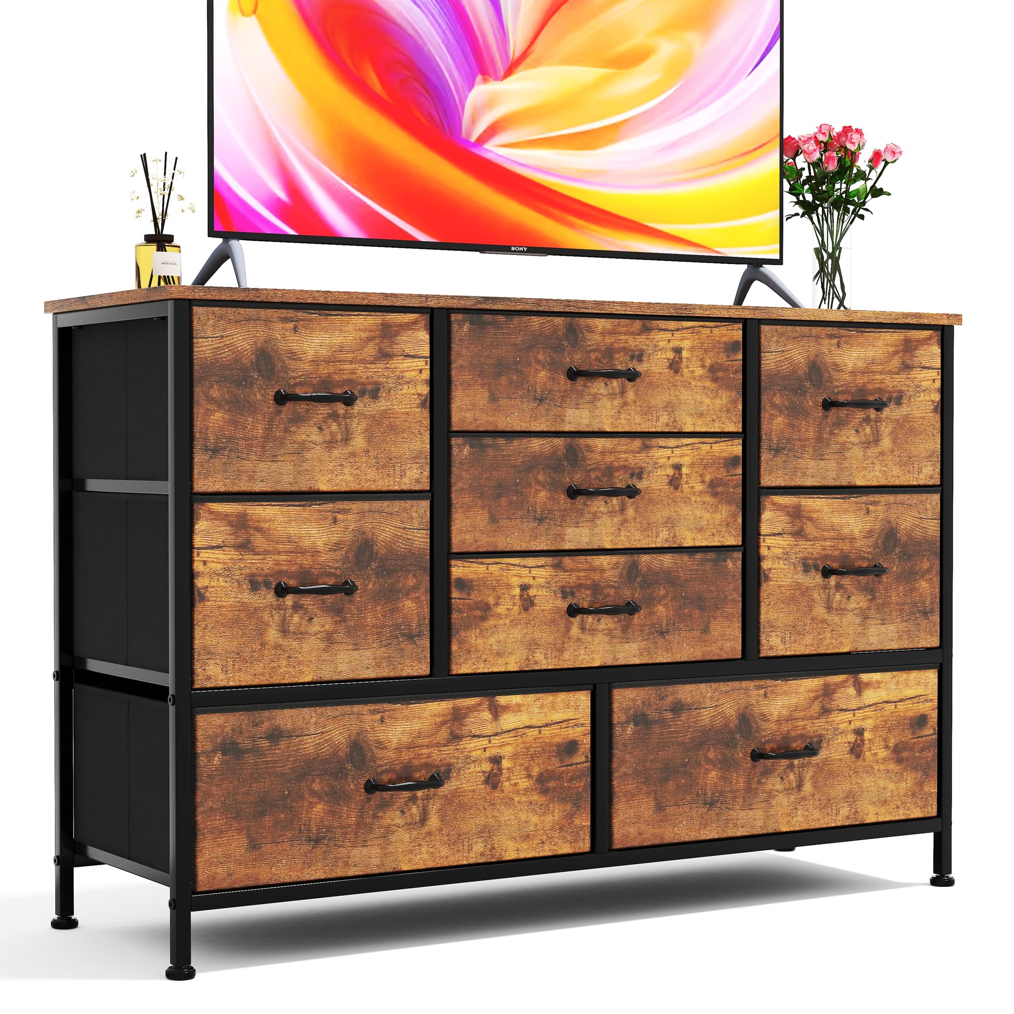 CAIYUN 9-Drawer Dresser – Fabric Chest of Drawers with Wood Top & Metal Frame