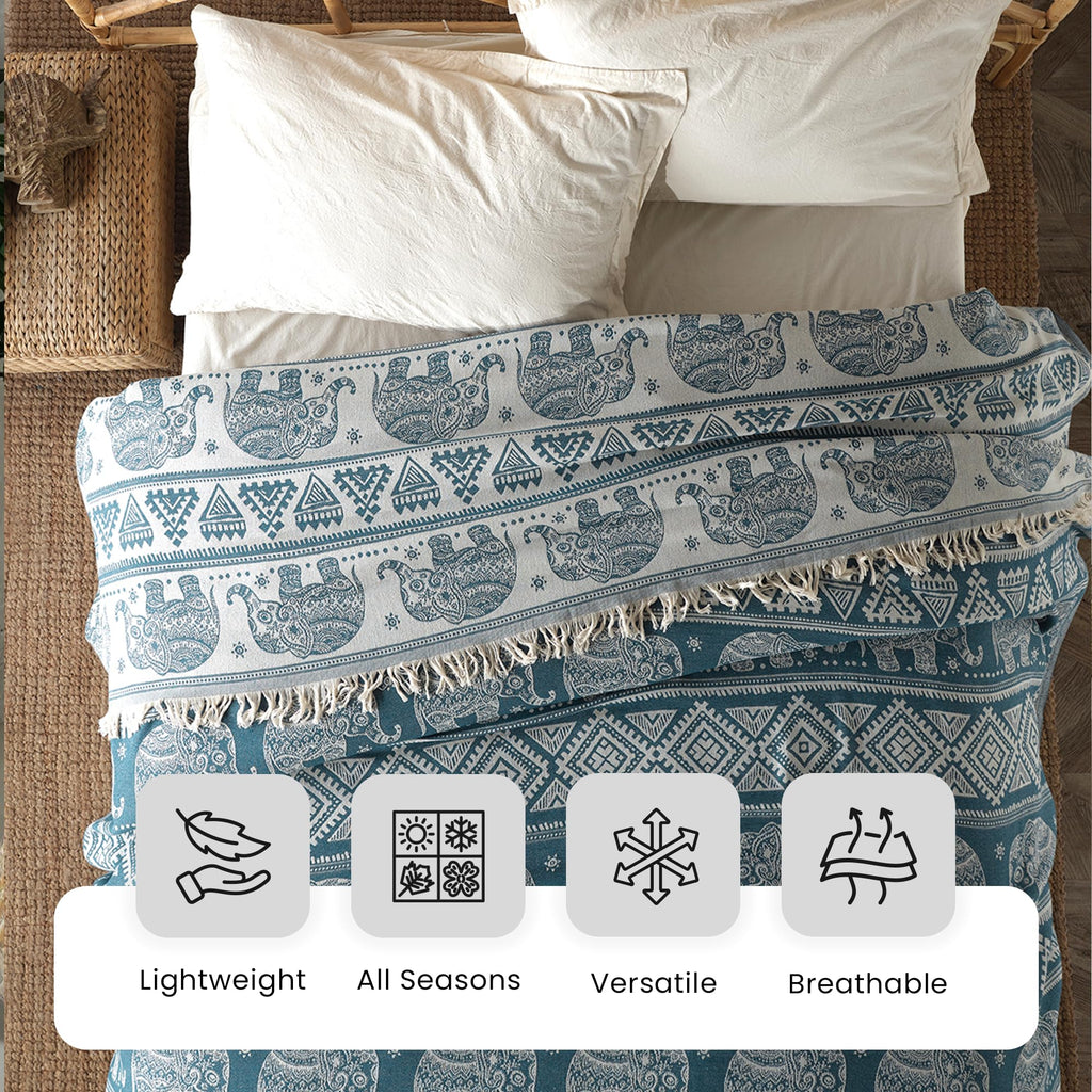 Milam London Elephant Boho Throw - 100% Organic Cotton King Bedspread