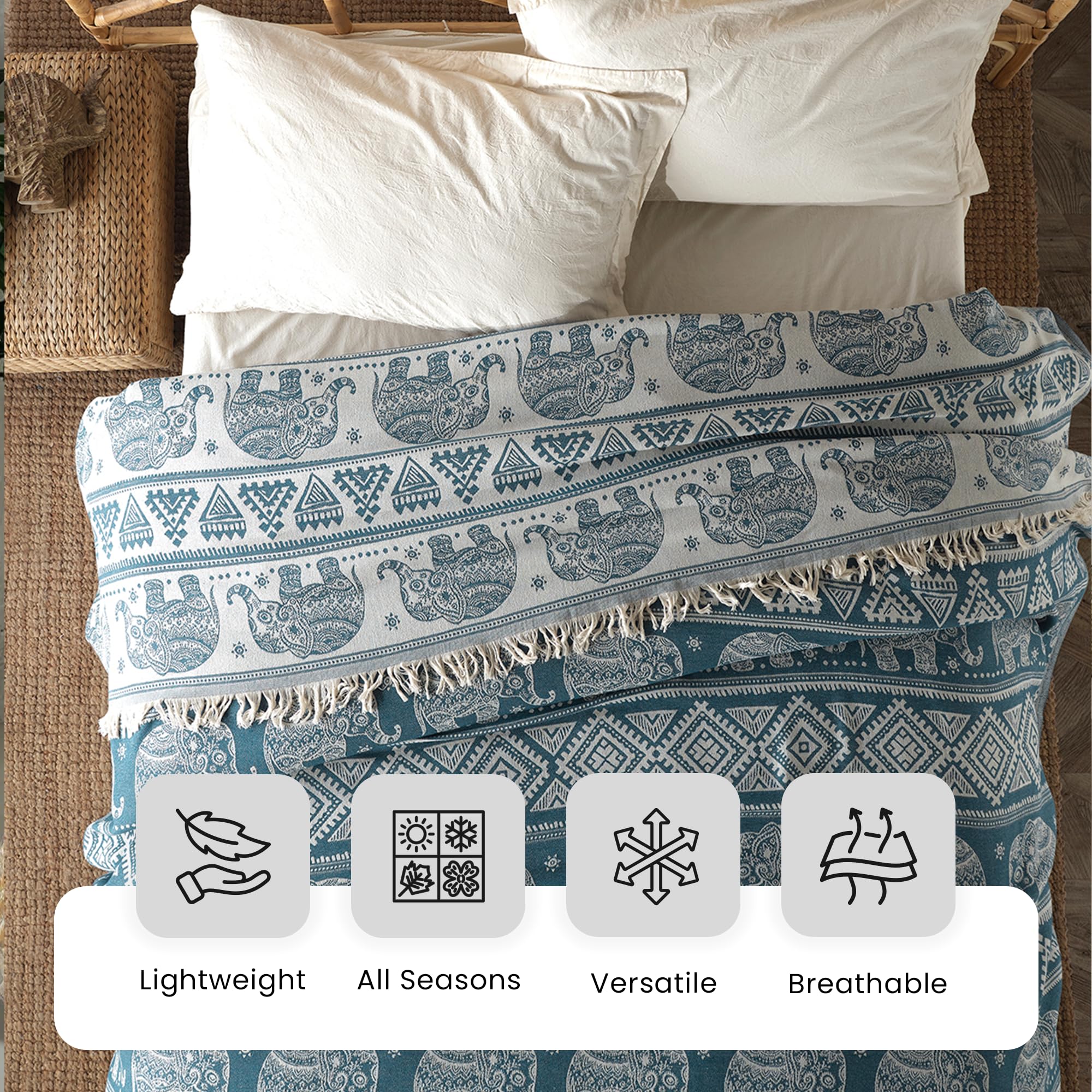 Milam London Elephant Boho Throw - 100% Organic Cotton King Bedspread