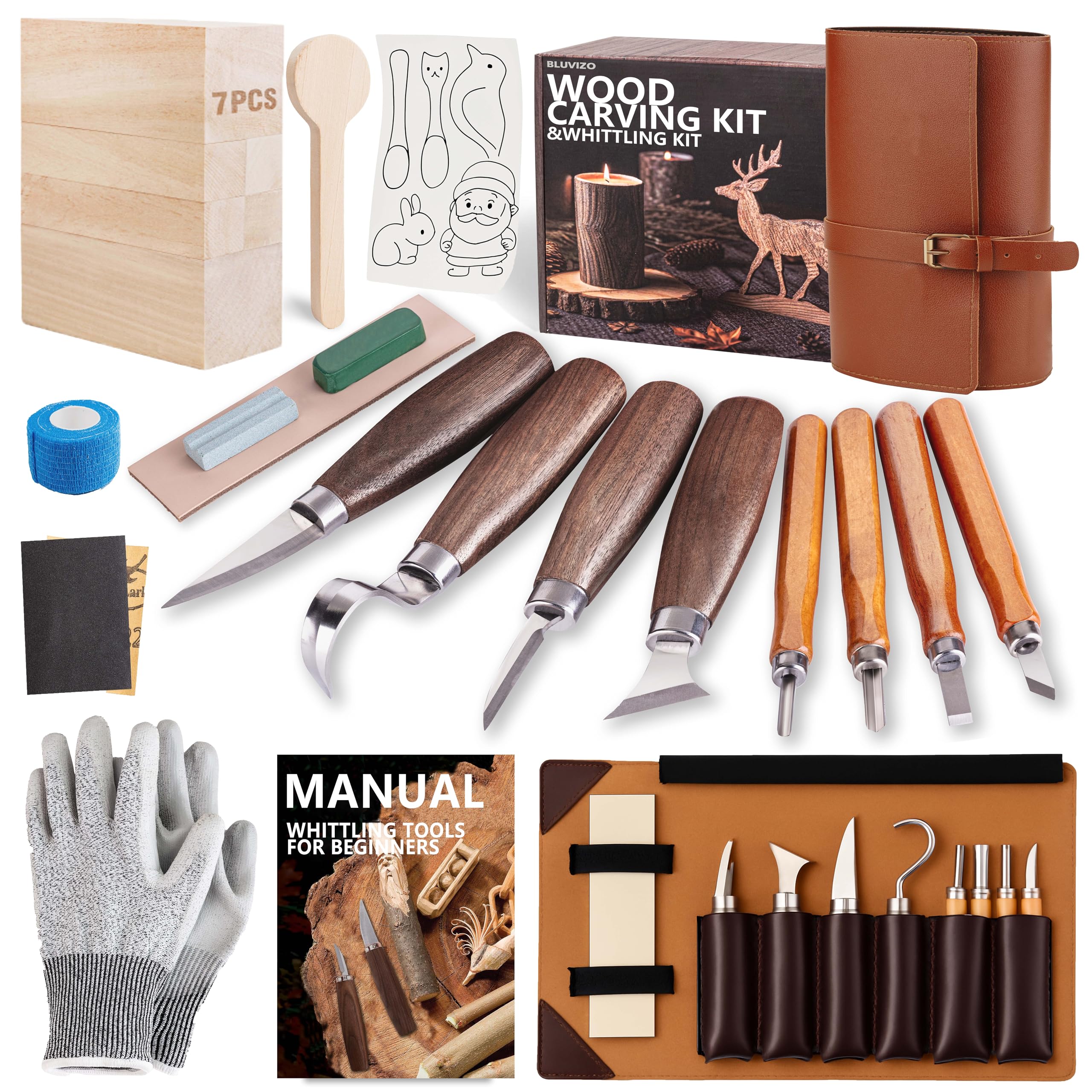 Bluvizo Wood Carving Kit – 25 Pcs Professional Whittling Set with Leather Case
