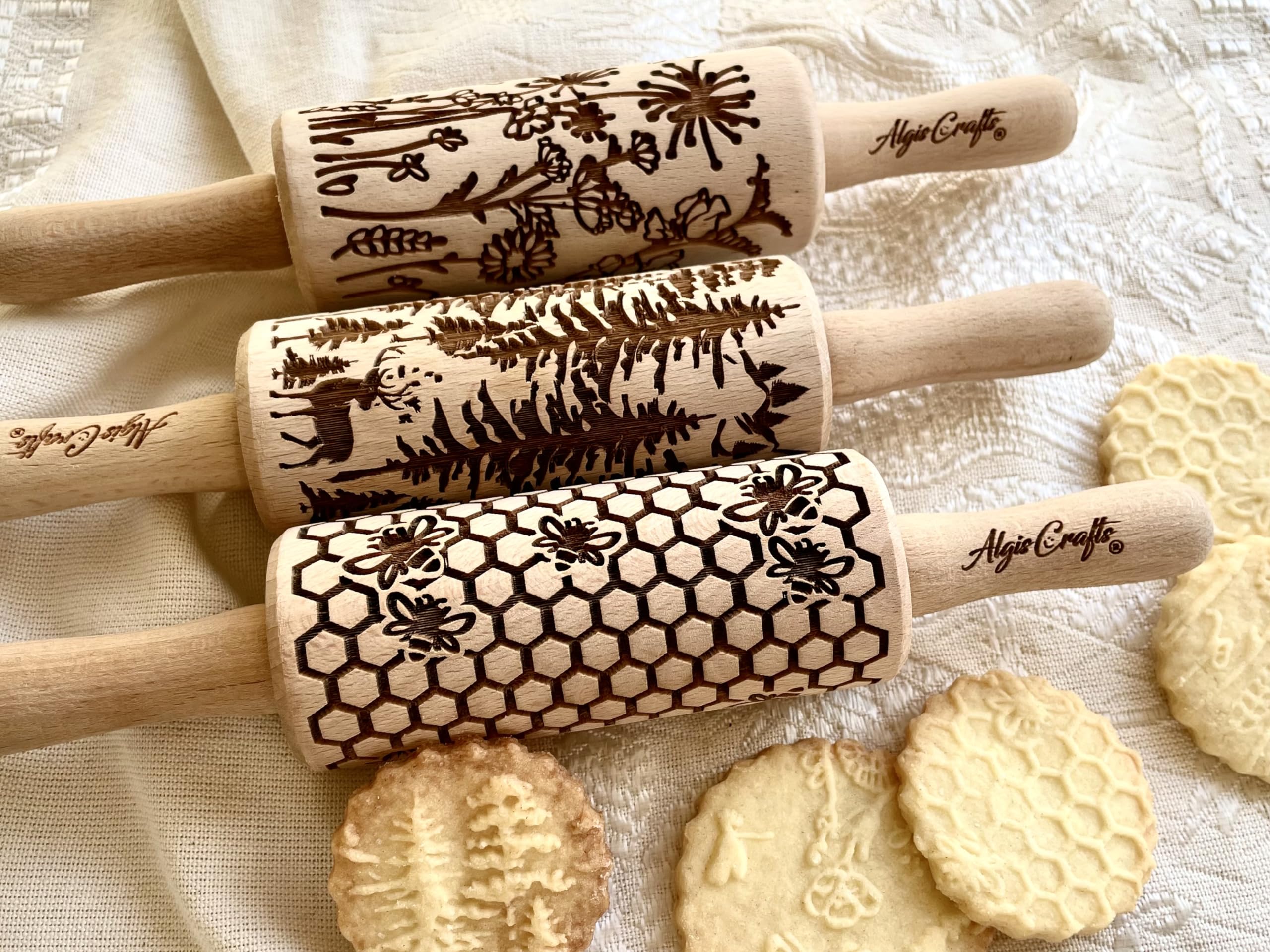 Mini Embossed Rolling Pin Set – 3 Piece Beech Wood Cookie Roller