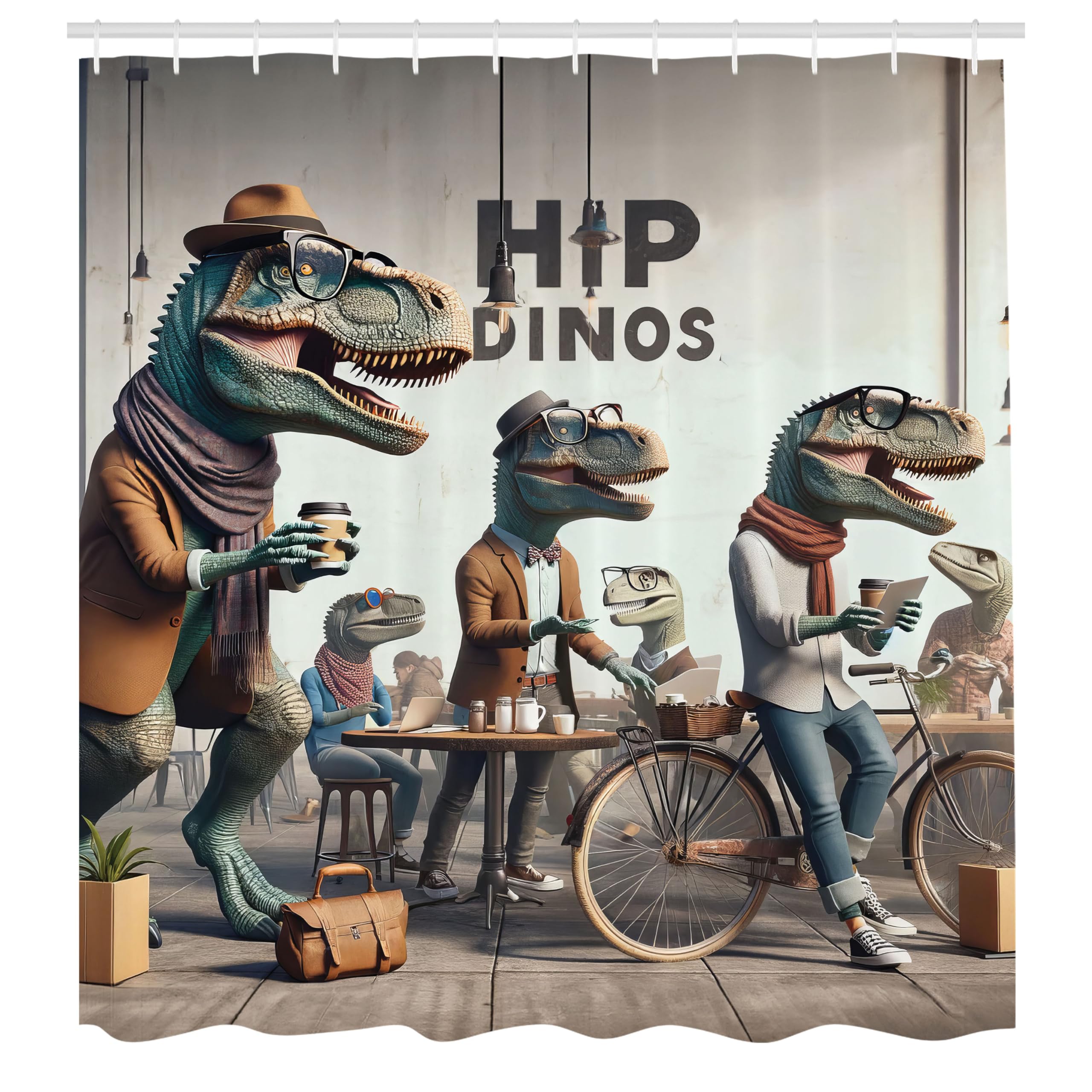 Abakuhaus Fabric Shower Curtain – Hipster Dinosaur Coffee Shop – 175x200cm