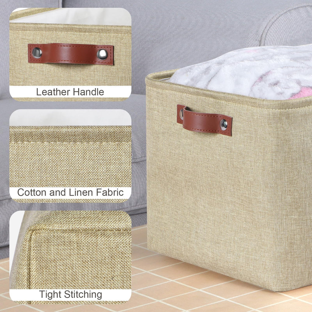 Syeeiex Large Storage Baskets for Shelves with Leather Handle, 3 Pack Fabric Stoarge baskets for Organizing Home, Toys, Office, Clothes Natural