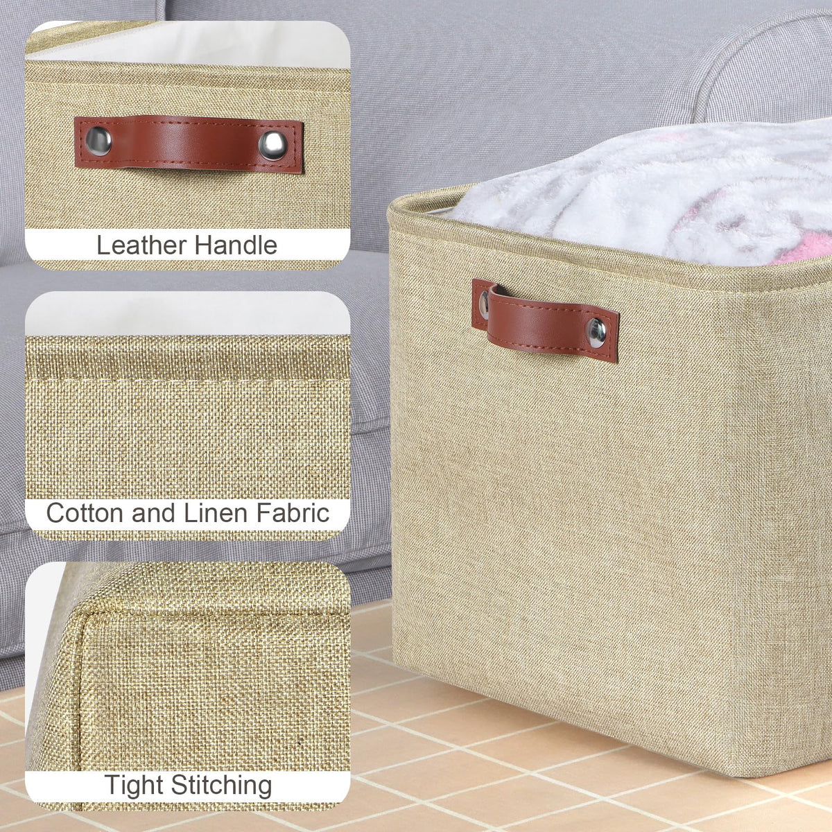 Syeeiex Large Storage Baskets for Shelves with Leather Handle, 3 Pack Fabric Stoarge baskets for Organizing Home, Toys, Office, Clothes Natural