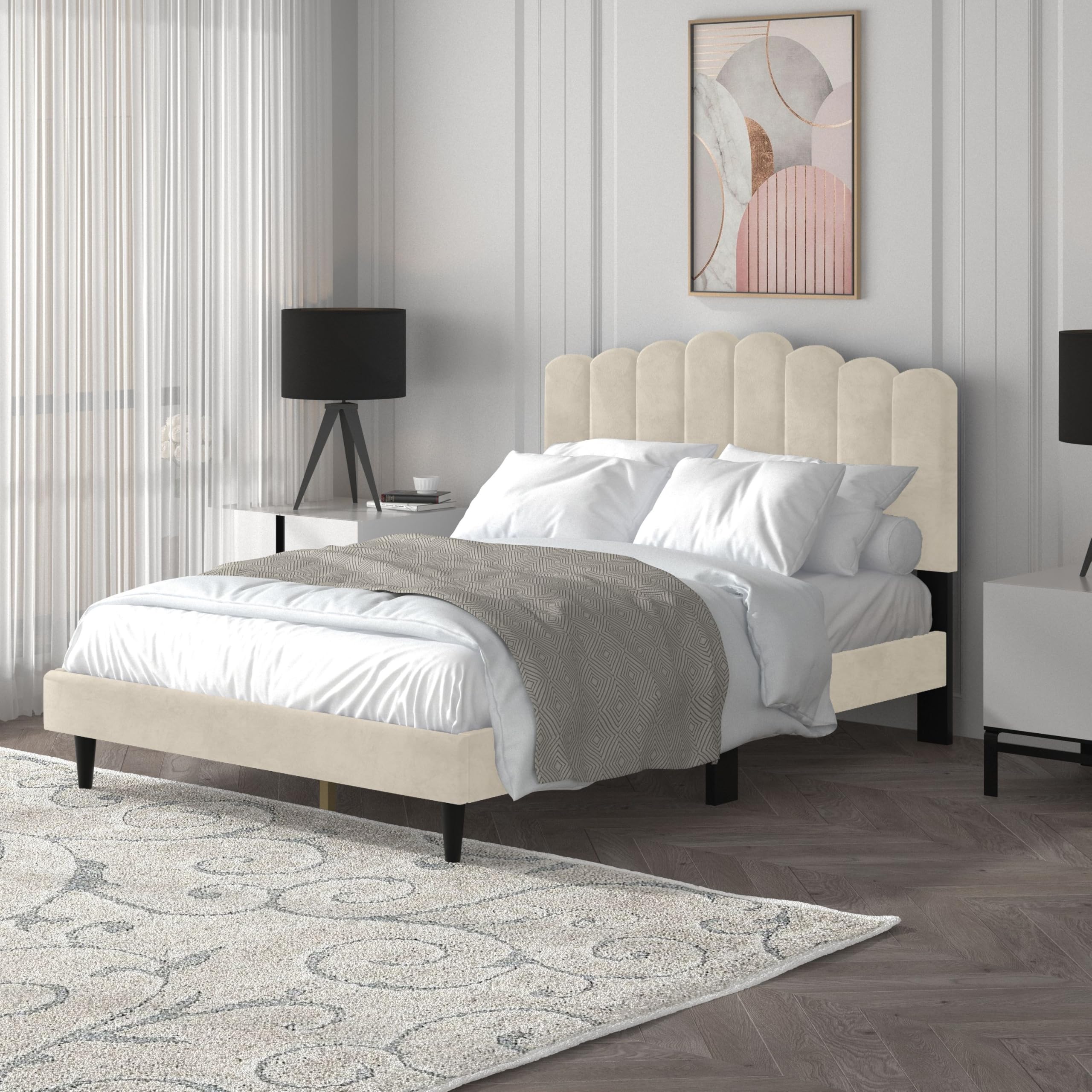 Galano Emely Upholstered Double Bed – Beige Fabric Headboard