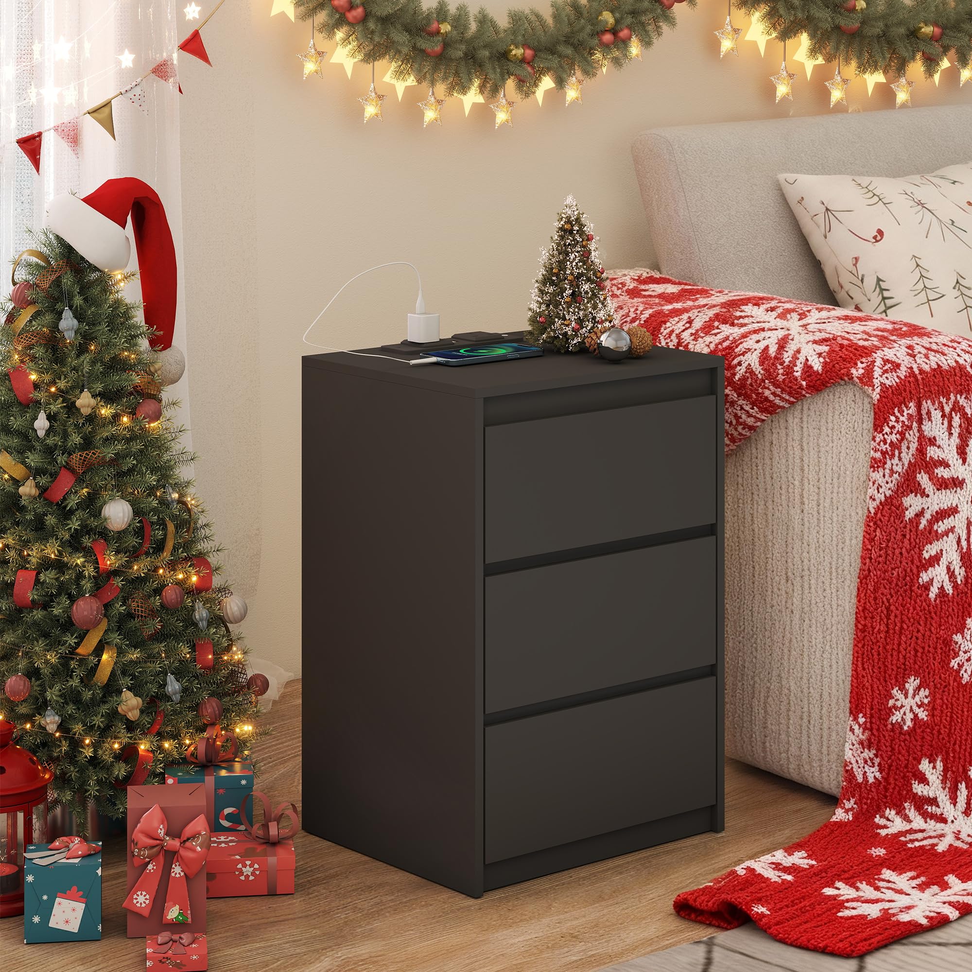 YOSHOOT Modern Nightstand with 3 Drawers and Charging Station | Black Wood