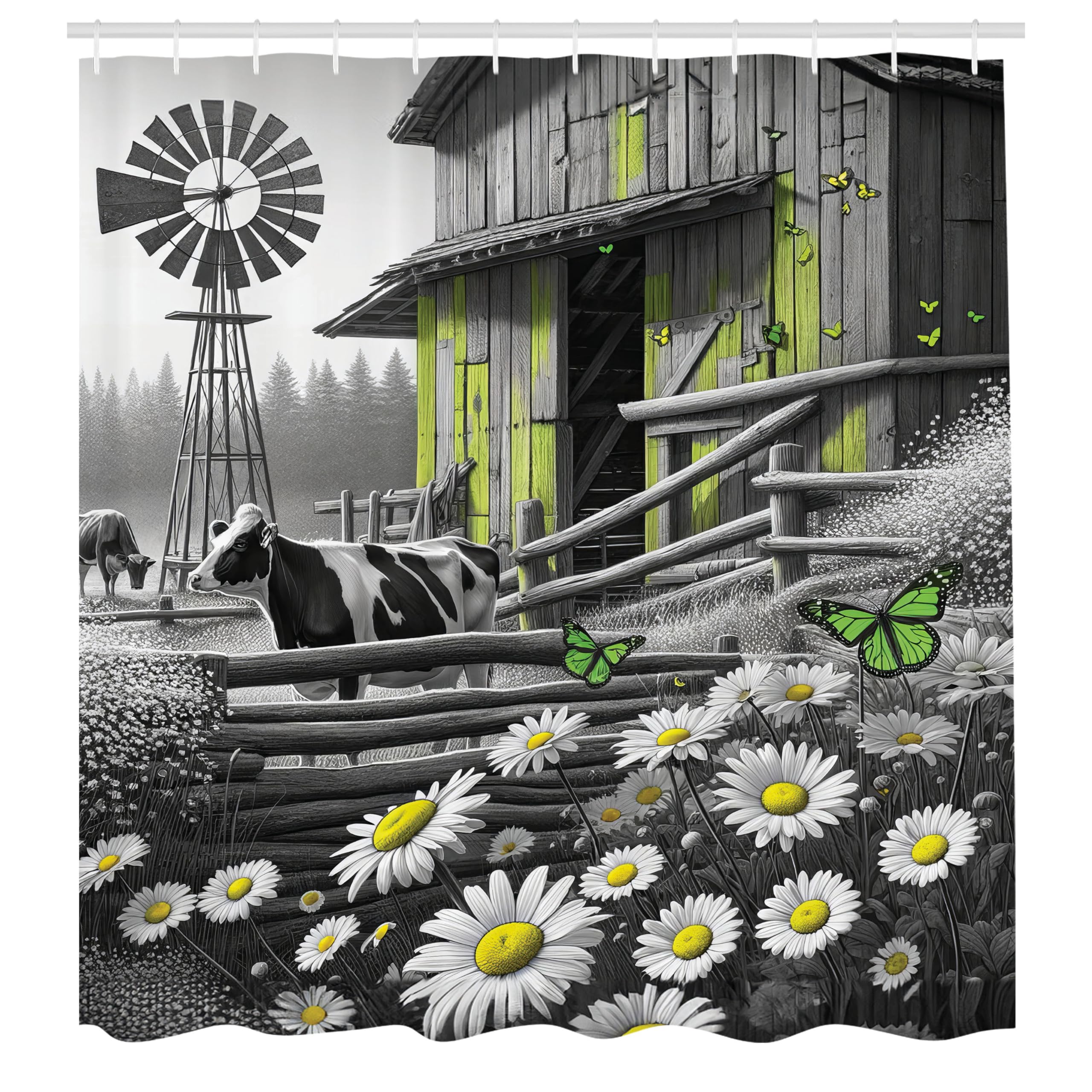 Abakuhaus Farmhouse Shower Curtain | Barn & Cow Fabric Decor | 175 x 200 cm
