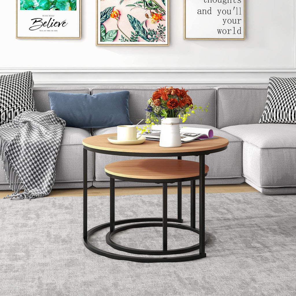 HOJINLINERO Round Nesting Coffee Table Set – Industrial Black Metal