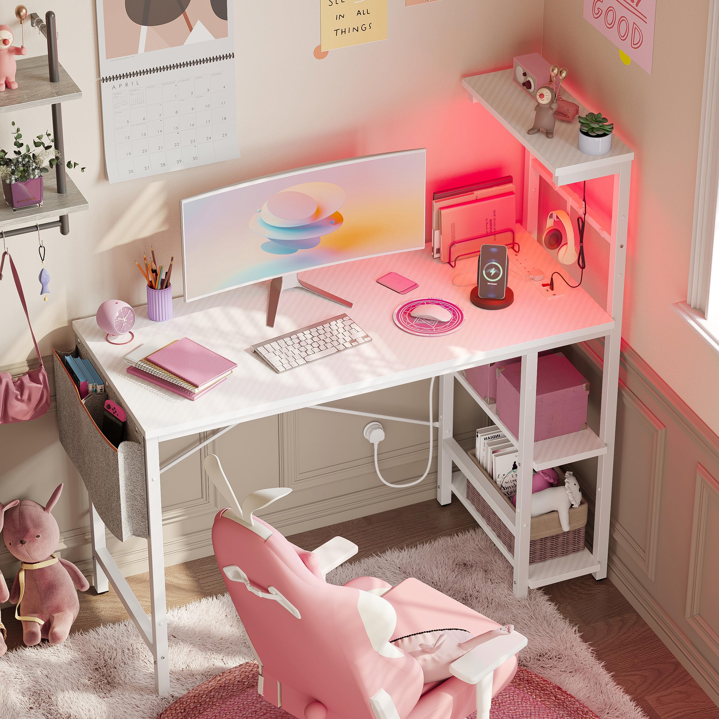 Bestier 113CM Corner Computer Desk with LED Lights and Power Outlets