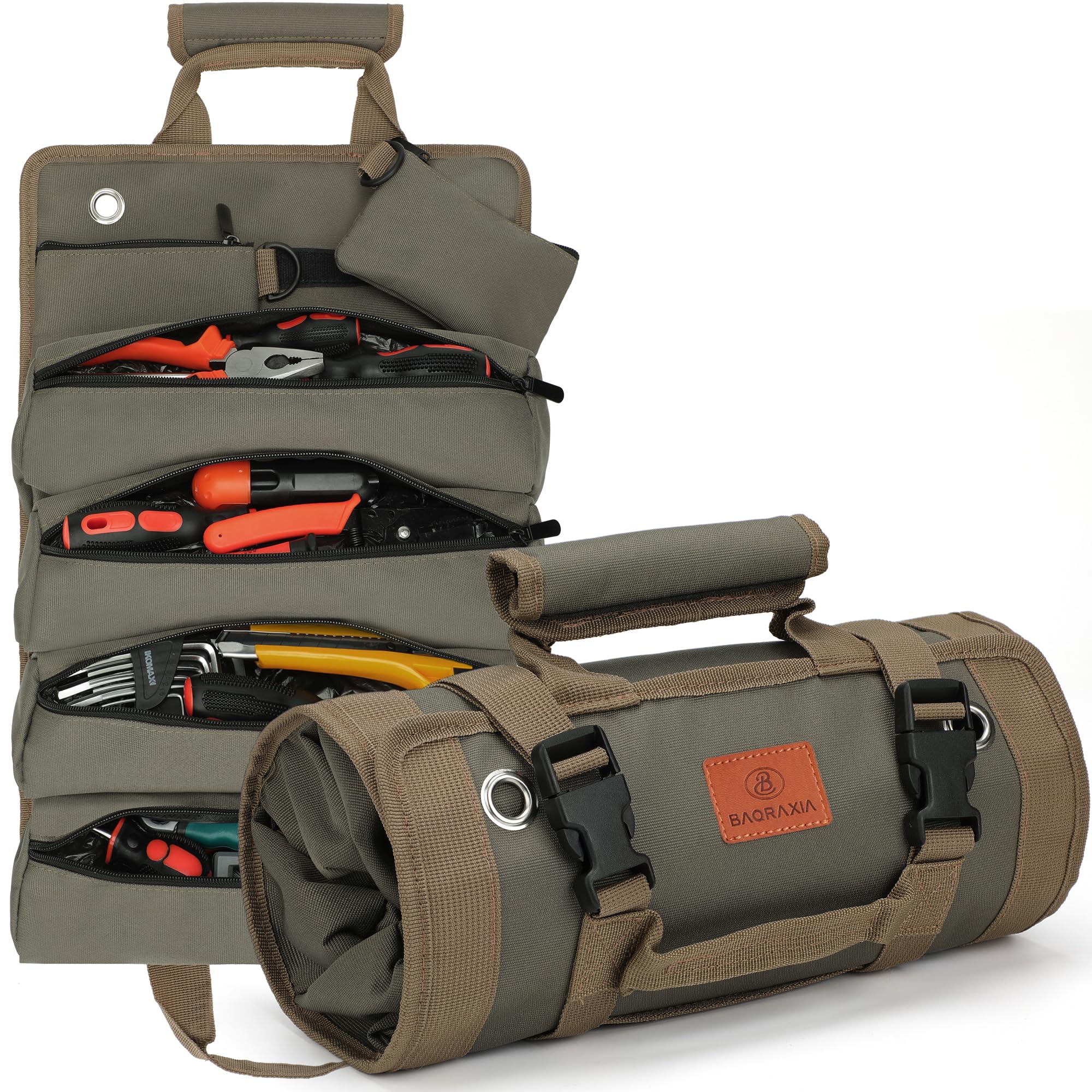 BAQRAXIA Heavy Duty Roll Up Tool Bag Organizer with 2 Storage Pouches