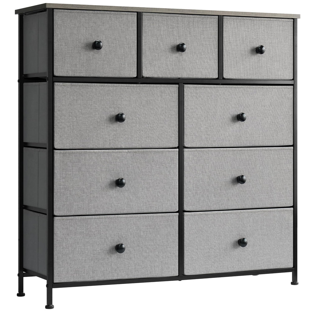Lyncohome 9-Drawer Fabric Dresser | Grey Storage Unit with Wooden Top