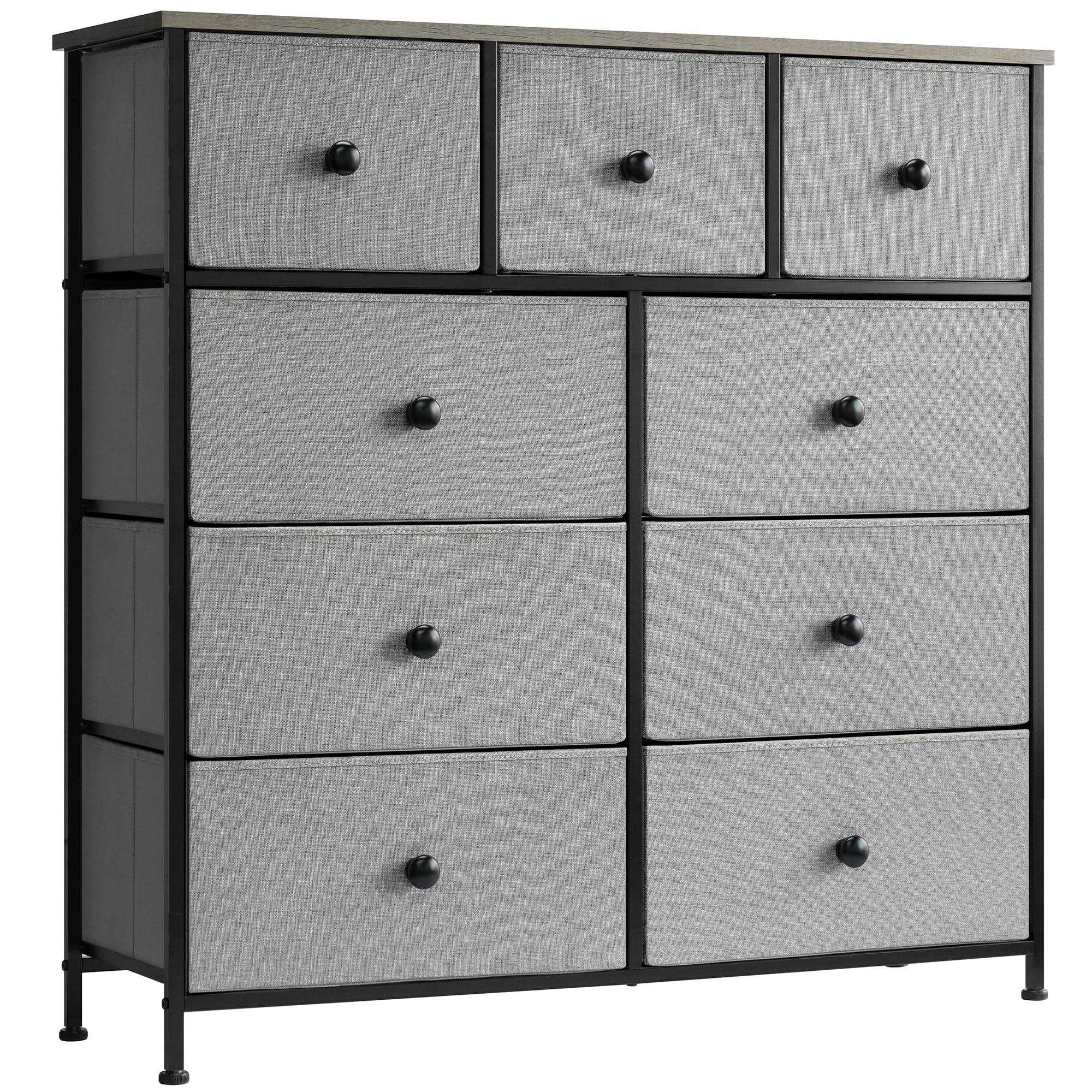 Lyncohome 9-Drawer Fabric Dresser | Grey Storage Unit with Wooden Top