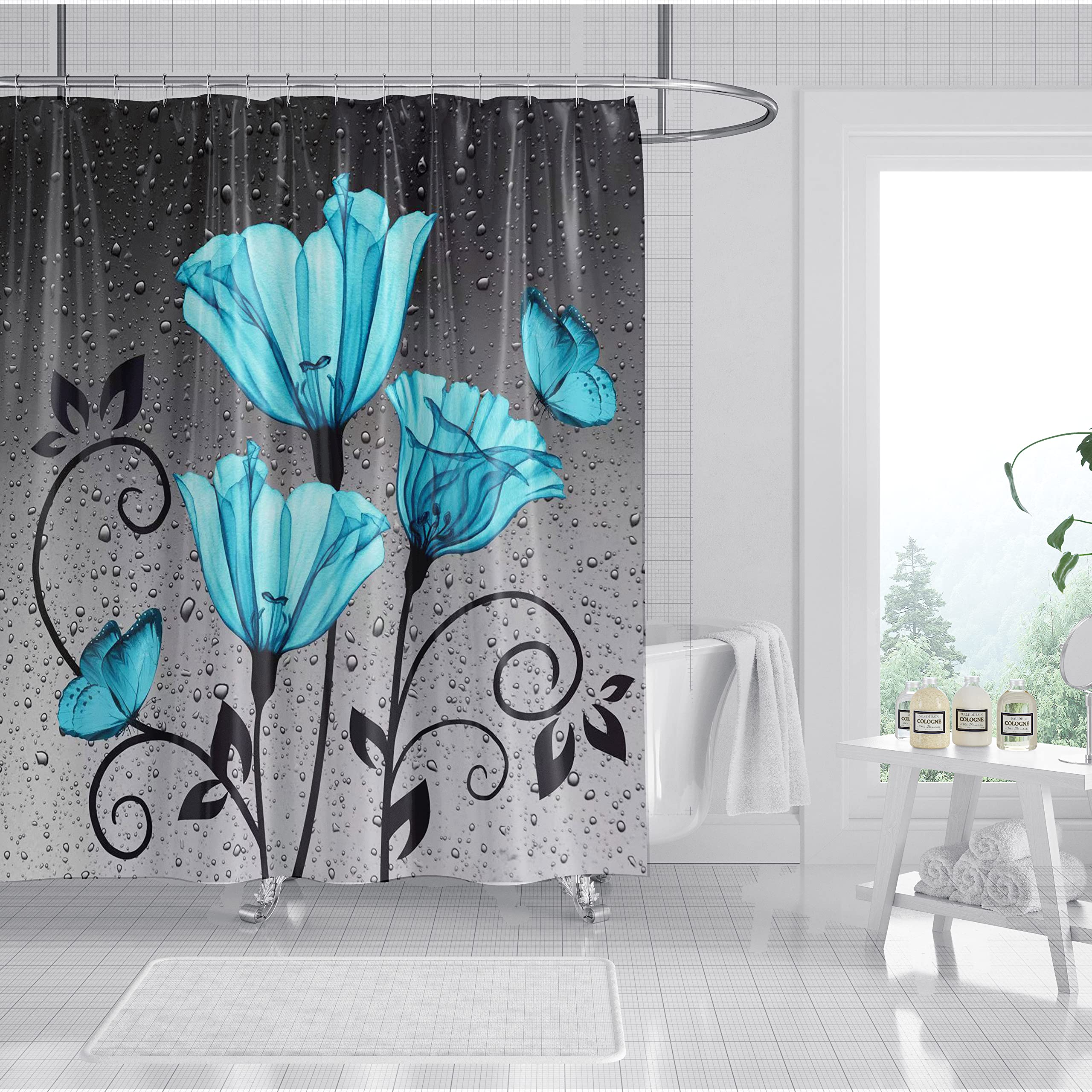 Floral Fabric Shower Curtain – Waterproof Gray Rose, 180x180cm