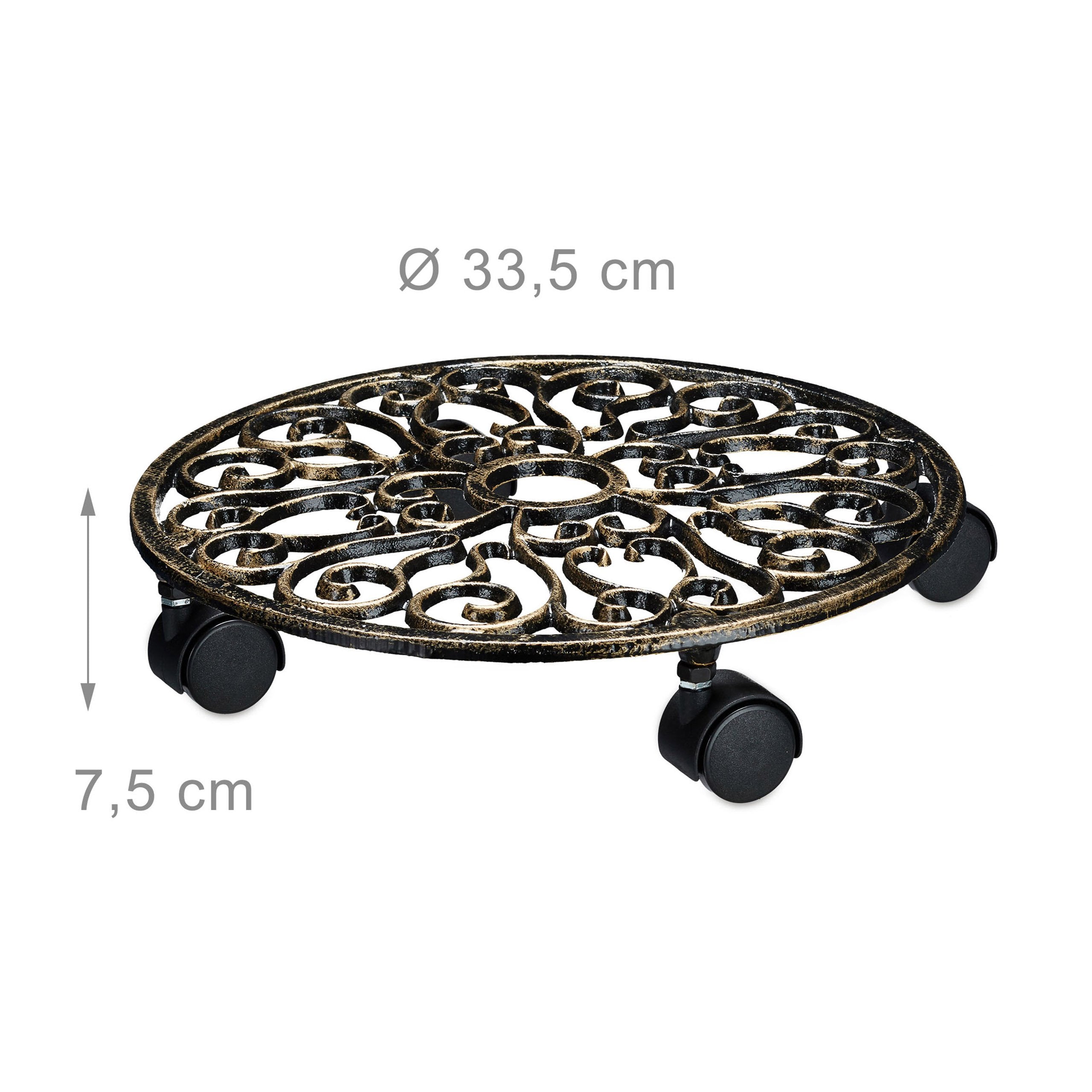 Relaxdays Cast Iron Plant Caddy | Round 33.5cm Metal Pot Trolley - Bronze