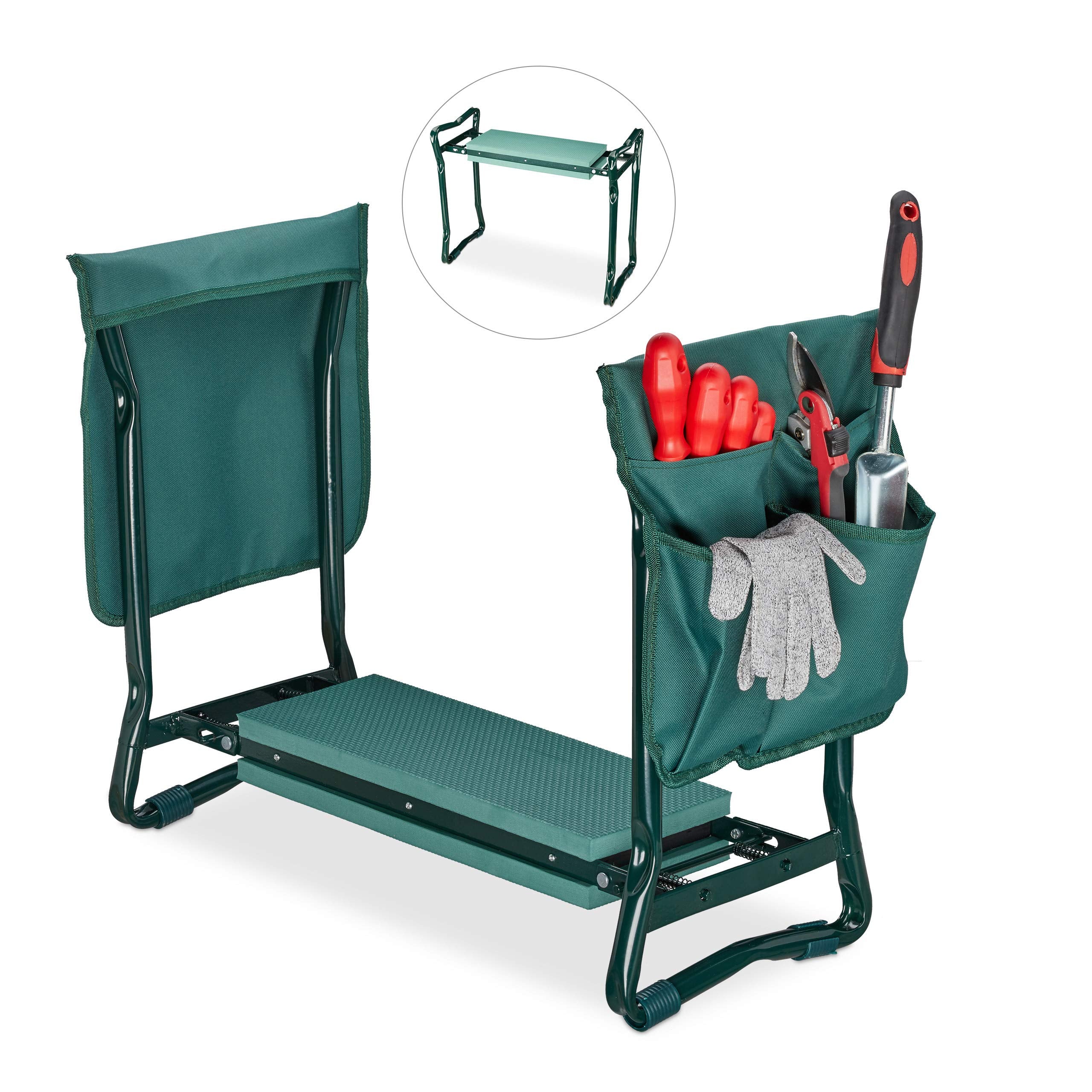 Relaxdays Garden Kneeler & Seat | Foldable 2-in-1 Stool with Tool Bags