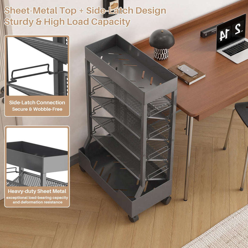 Ornestia Metal Book Trolley, Mobile Storage Bookcase with WheelsGrey