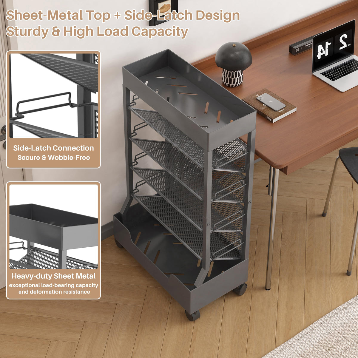 Ornestia Metal Book Trolley, Mobile Storage Bookcase with WheelsGrey