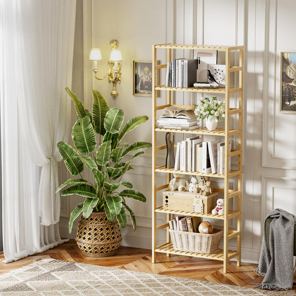 HITNET 6-Tier Bamboo Bookcase – Adjustable Tall Storage Shelf & Plant Stand