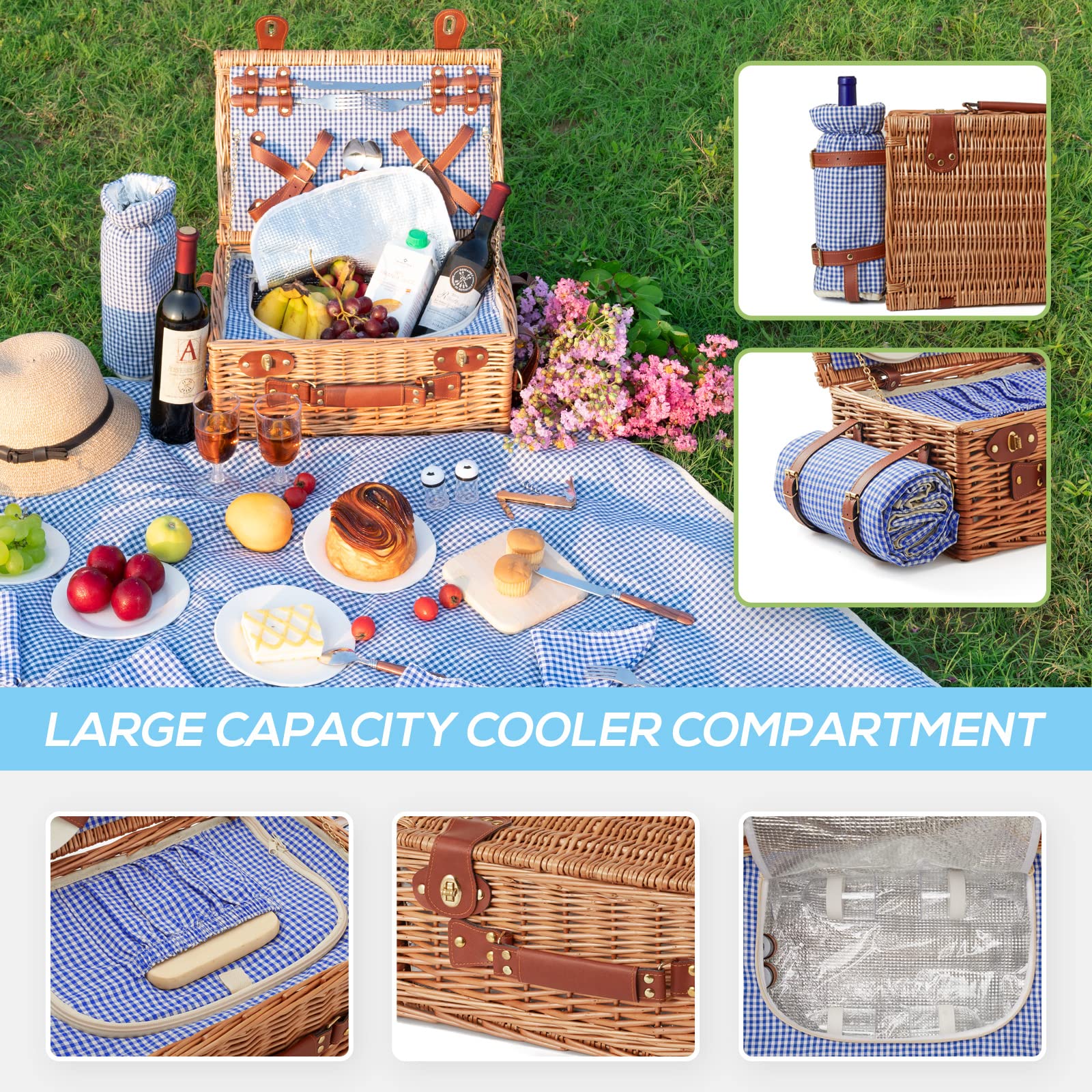 DHAEE Wicker Picnic Basket Set for 4 – Insulated Cooler & Waterproof Blanket
