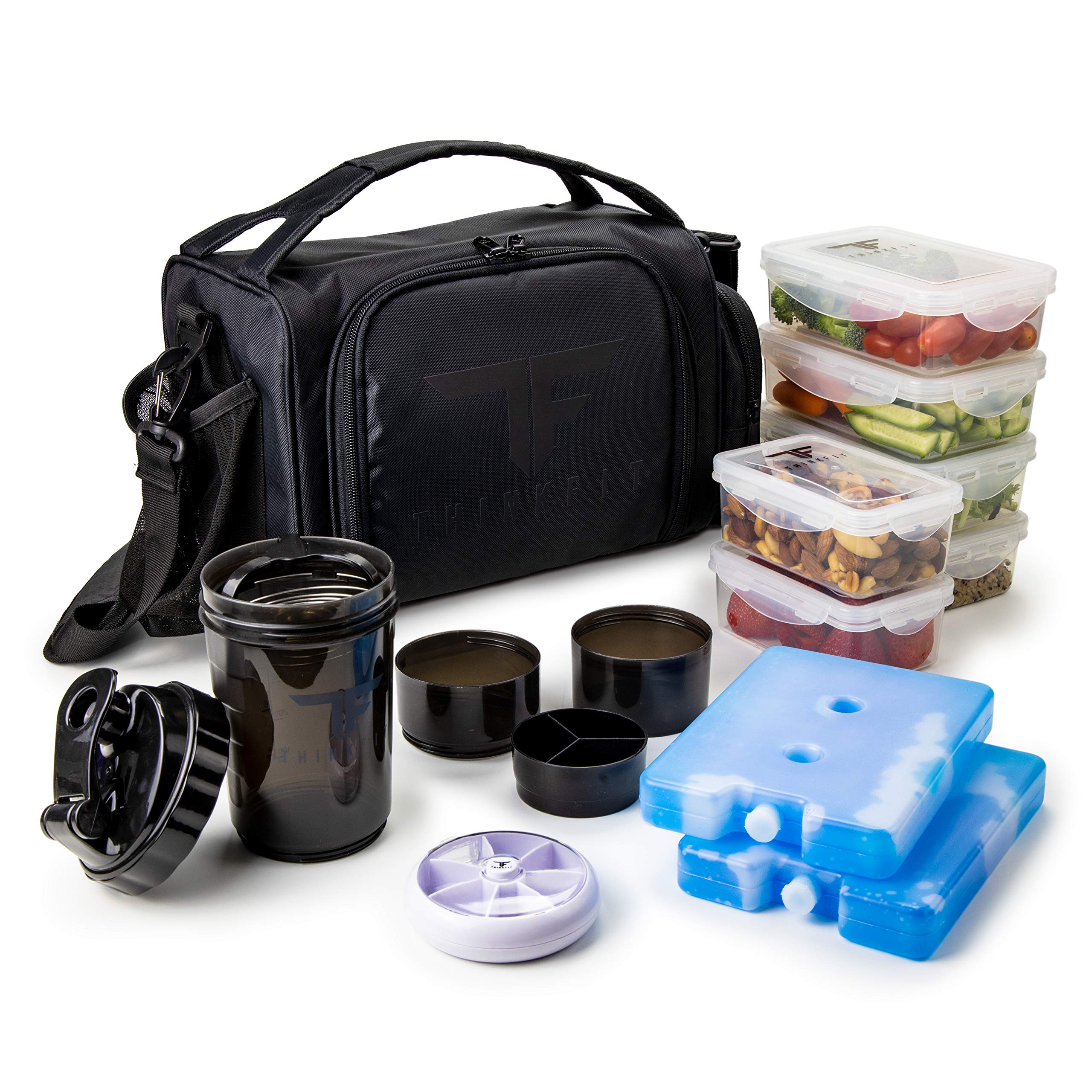 ThinkFit Insulated Meal Prep Lunch Box - 6 Containers & Shaker Cup - Black