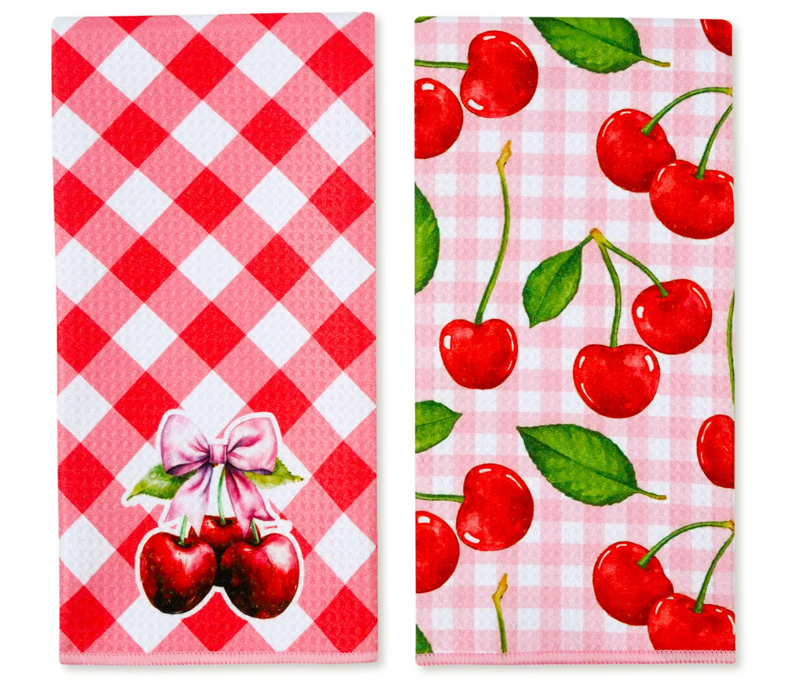 Jolof Store Cherry Kitchen Dish Towels – 2 Pack Microfiber Waffle Decor