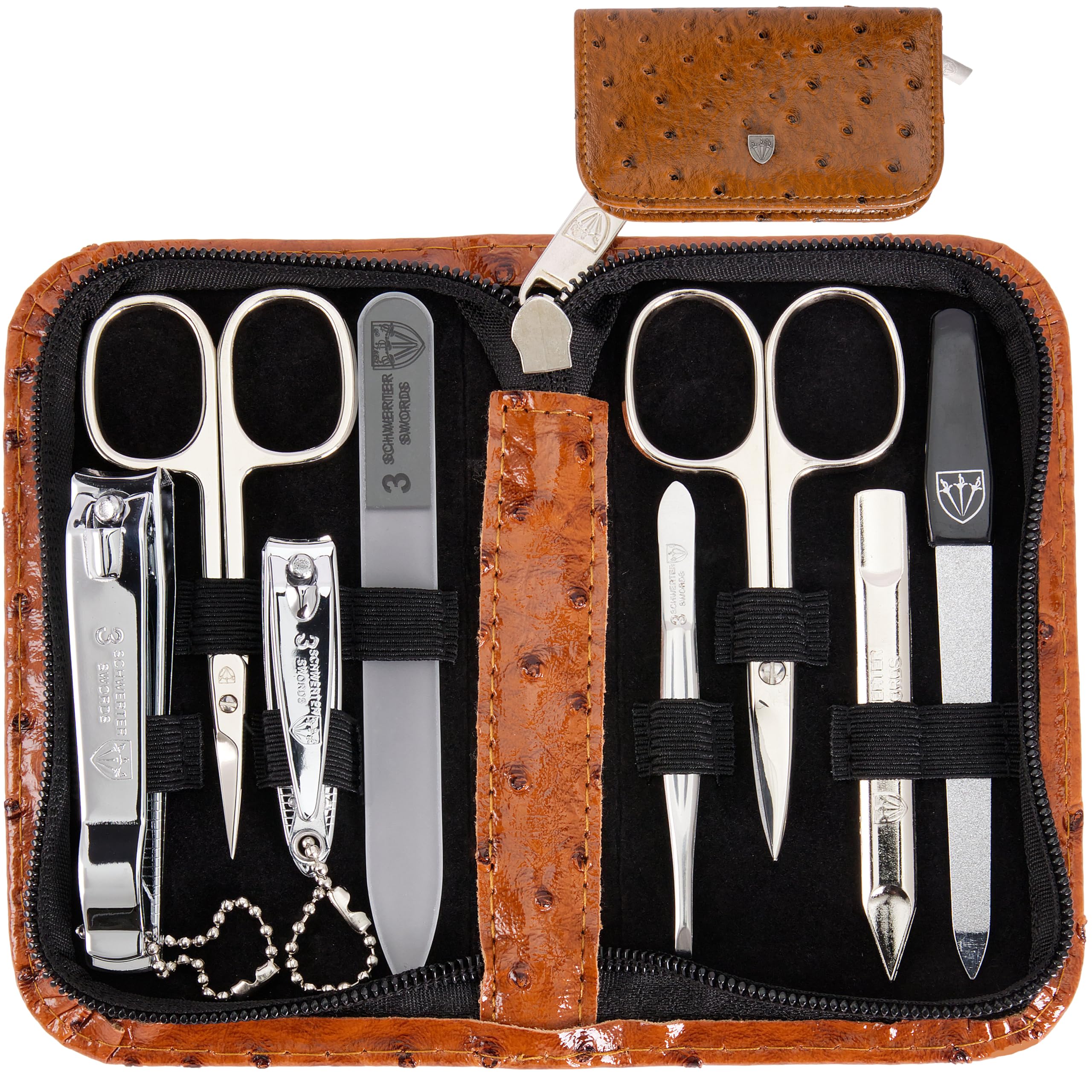 3 Swords Germany 8-Piece Manicure Pedicure Kit | Ostrich Cognac Case
