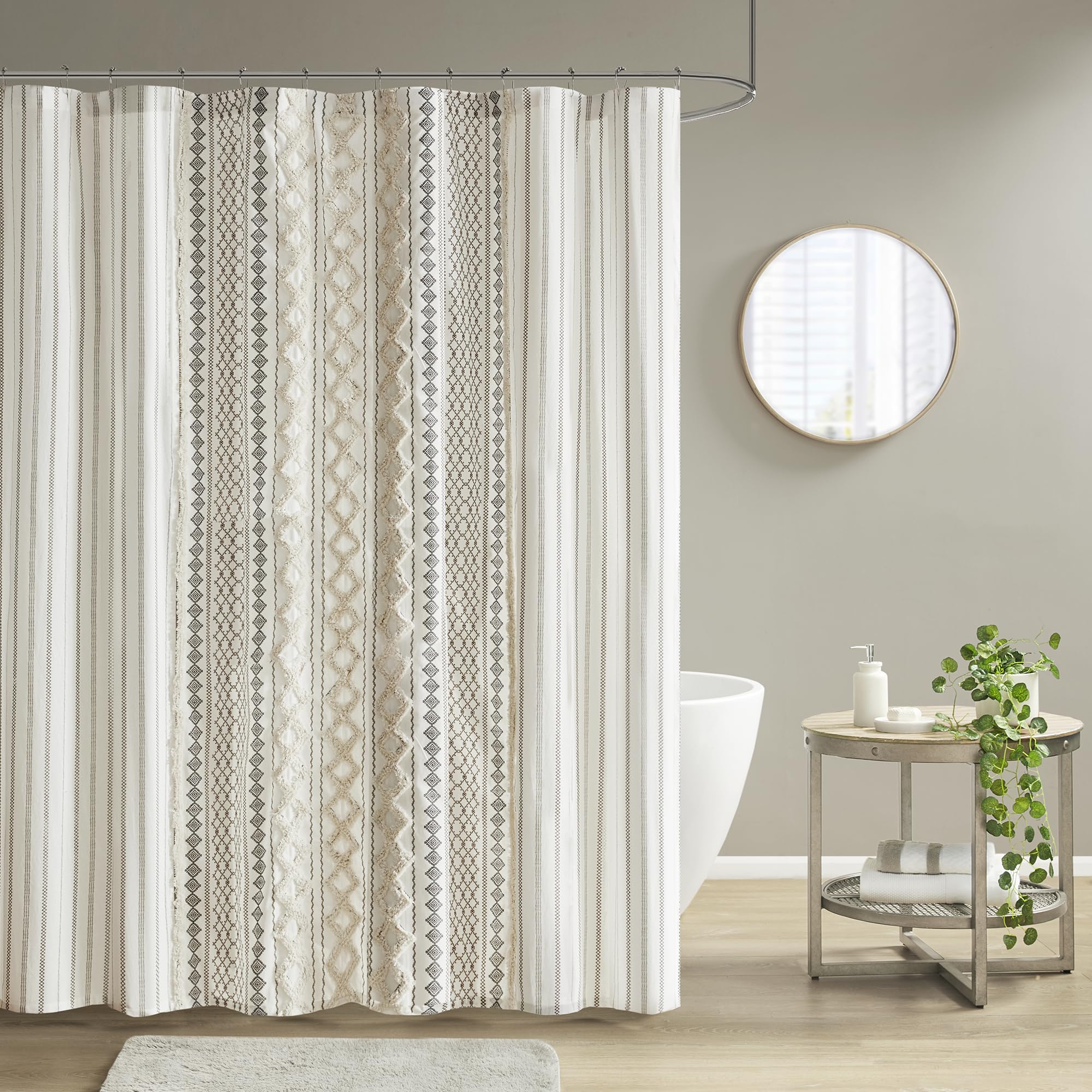 INK+IVY Imani Cotton Shower Curtain – Tufted Chenille Boho Decor, Ivory