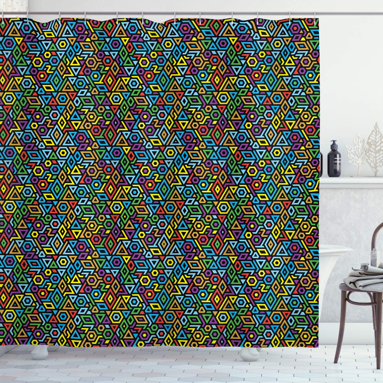 ABAKUHAUS Geometric Mosaic Shower Curtain – Waterproof Fabric Bathroom Decor