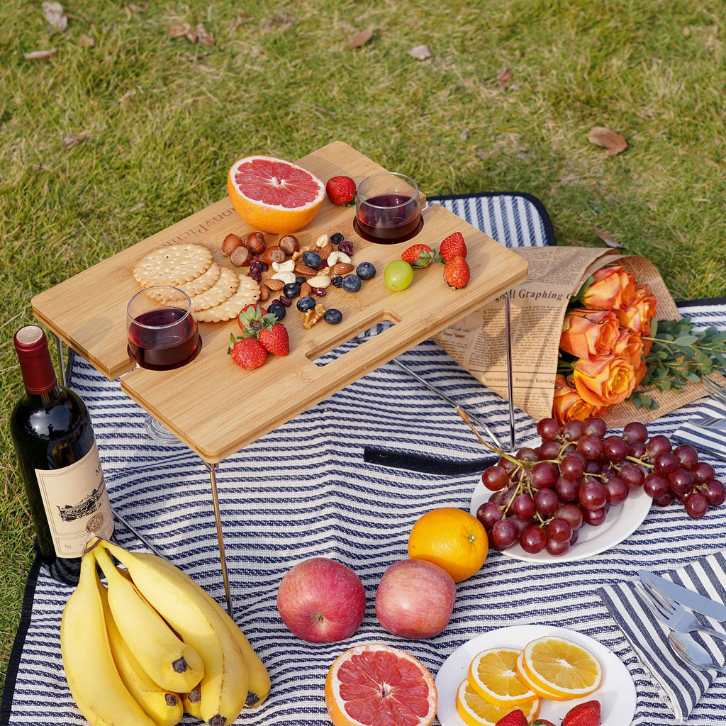 Jolof Store Wicker Picnic Basket for 2 with Bamboo Wine Table & Blanket