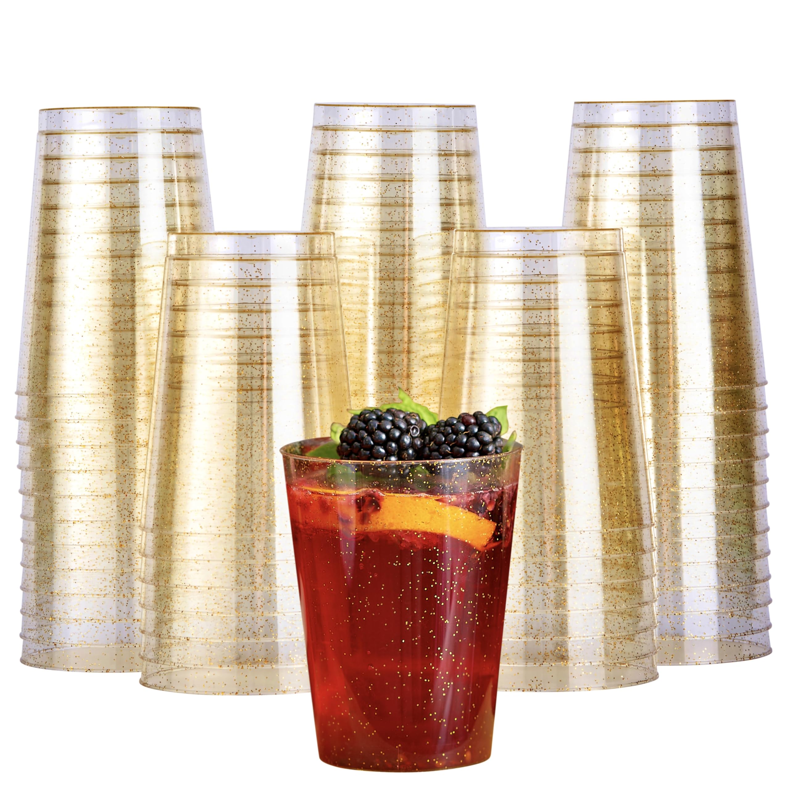 MATANA 50 Gold Glitter Plastic Cups | 10oz Reusable Party Tumblers