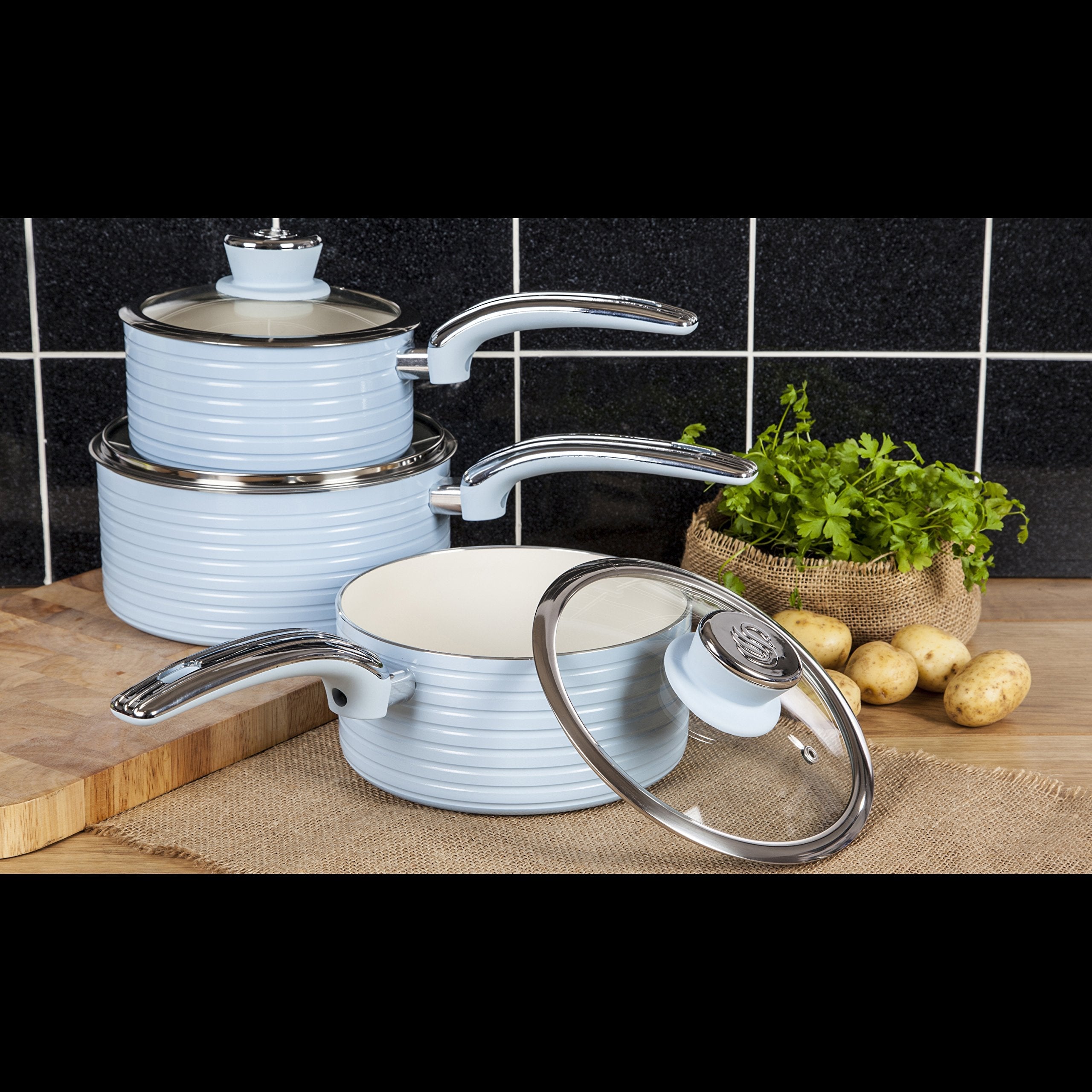 Swan Retro 3 Piece Induction Saucepan Set – Blue Non-Stick Ceramic
