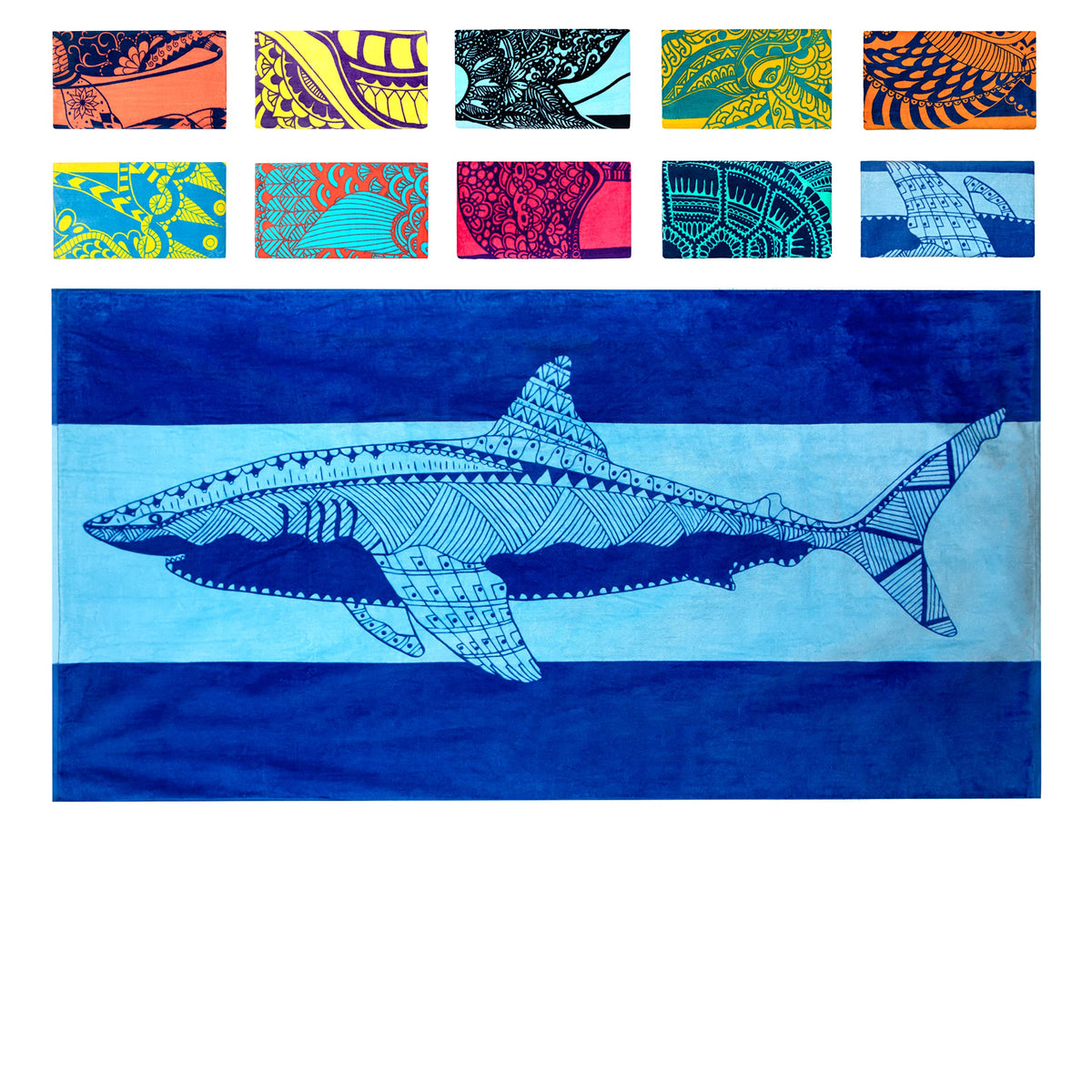 Nova Blue Shark Beach Towel – Blue with A Tropical Design, Extra Large, XL 34”x 63” Cool Hawaiian, Navy Beach Towel with Light Blue Stripe - image 1