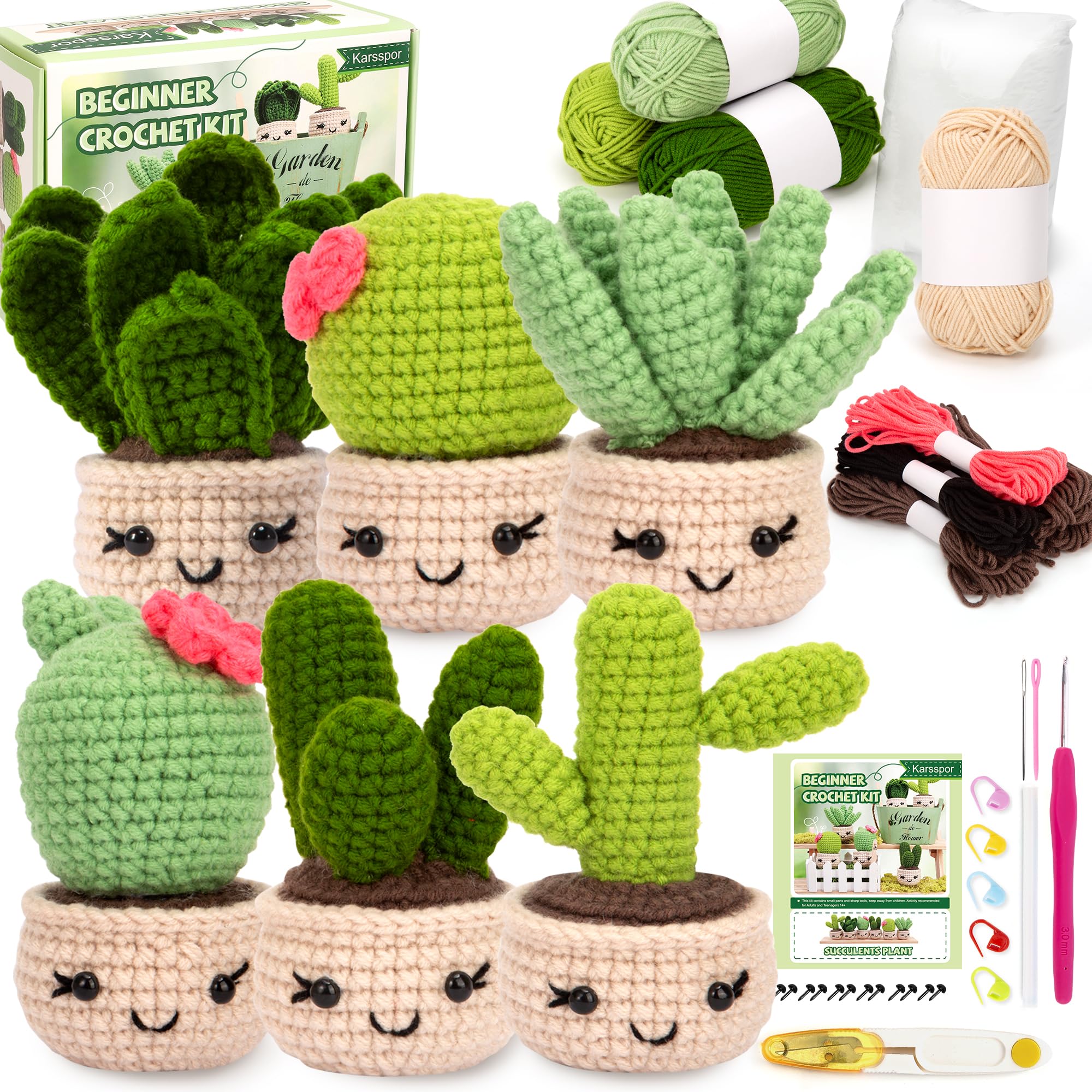 Karsspor Beginner Crochet Kit - 6 PCS Succulents with Video Tutorials