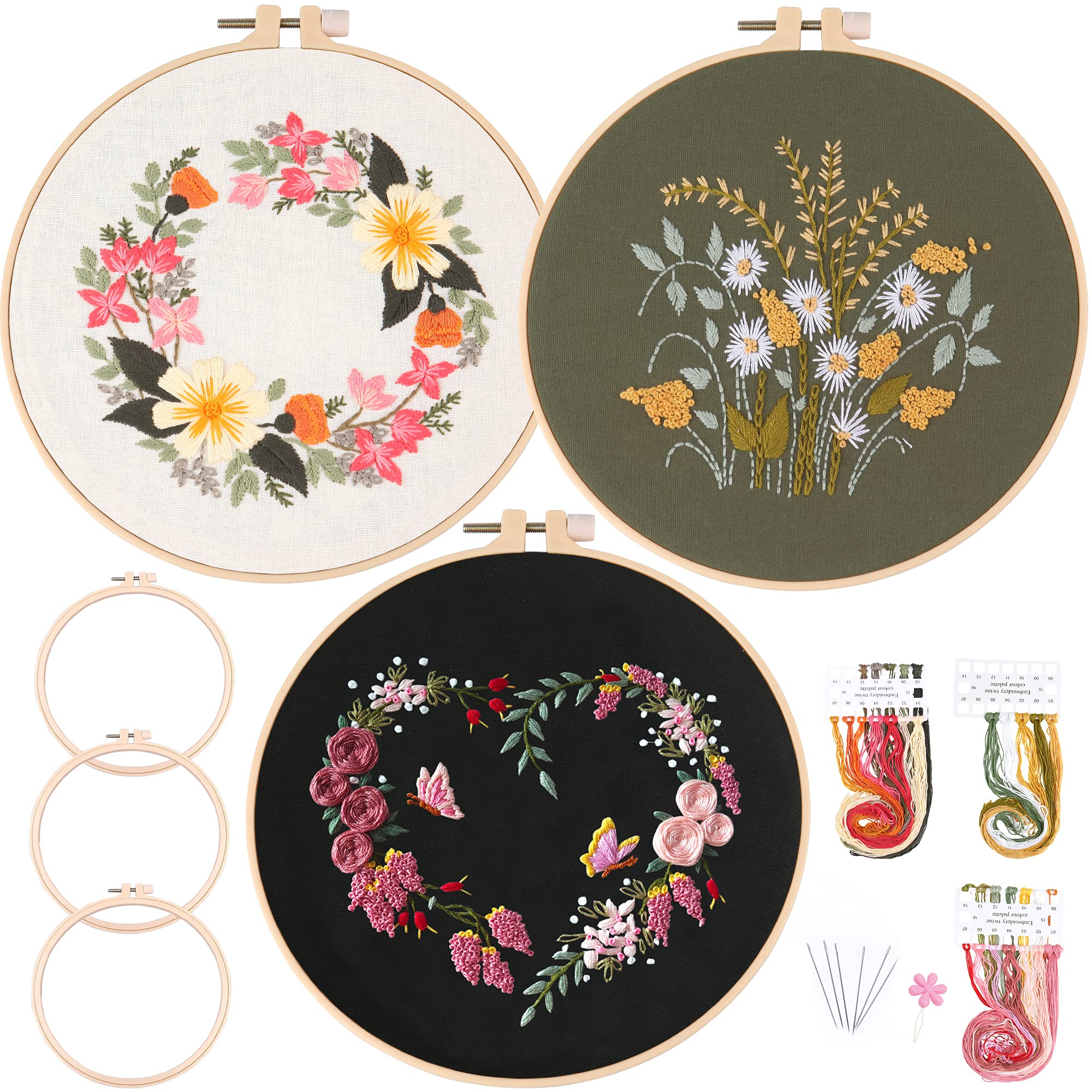 Myfelicity Beginner Embroidery Kit – 3 Pack Floral Patterns with Hoops