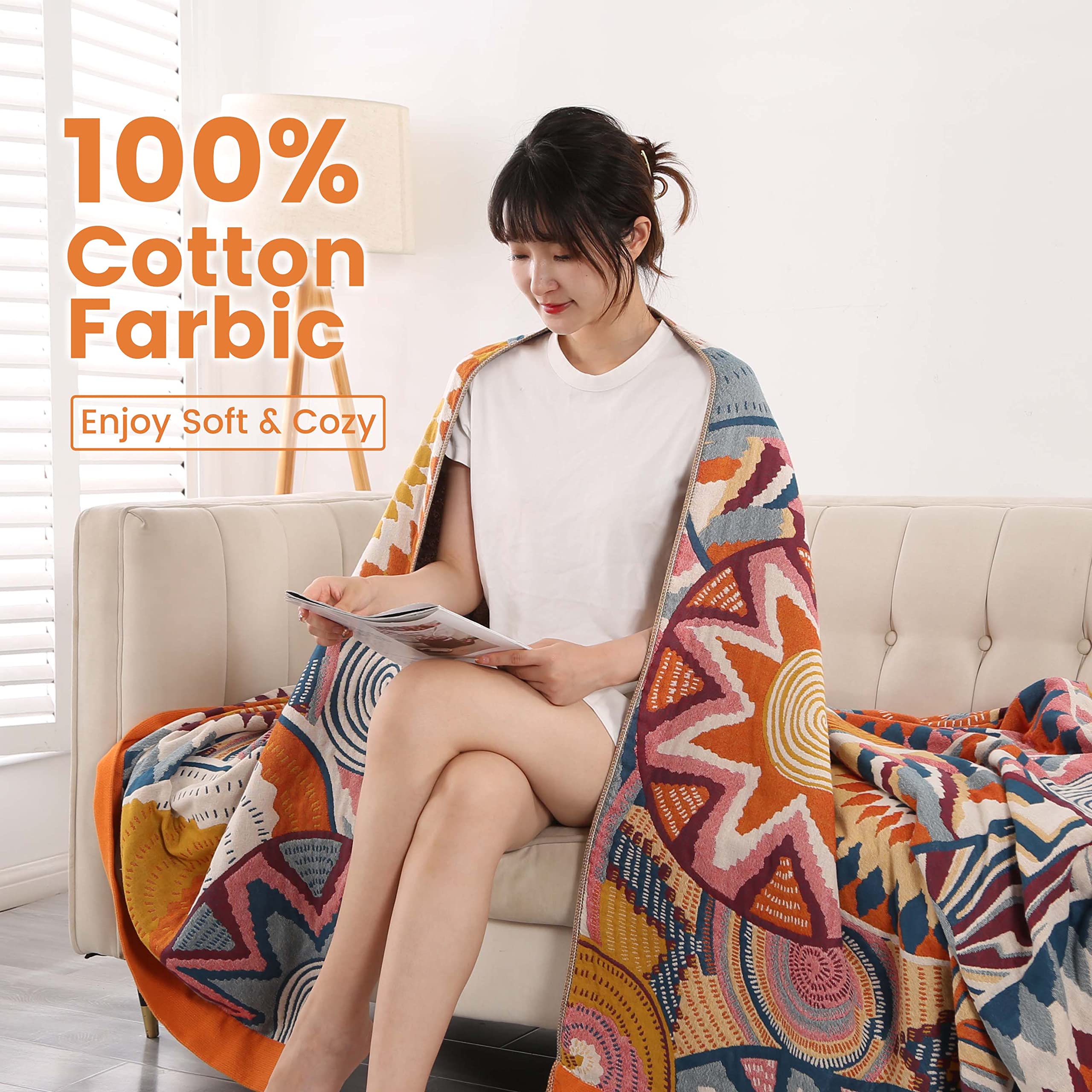 DECMAY Boho Throw Blanket | Large Organic Cotton Ethnic Sofa Cover