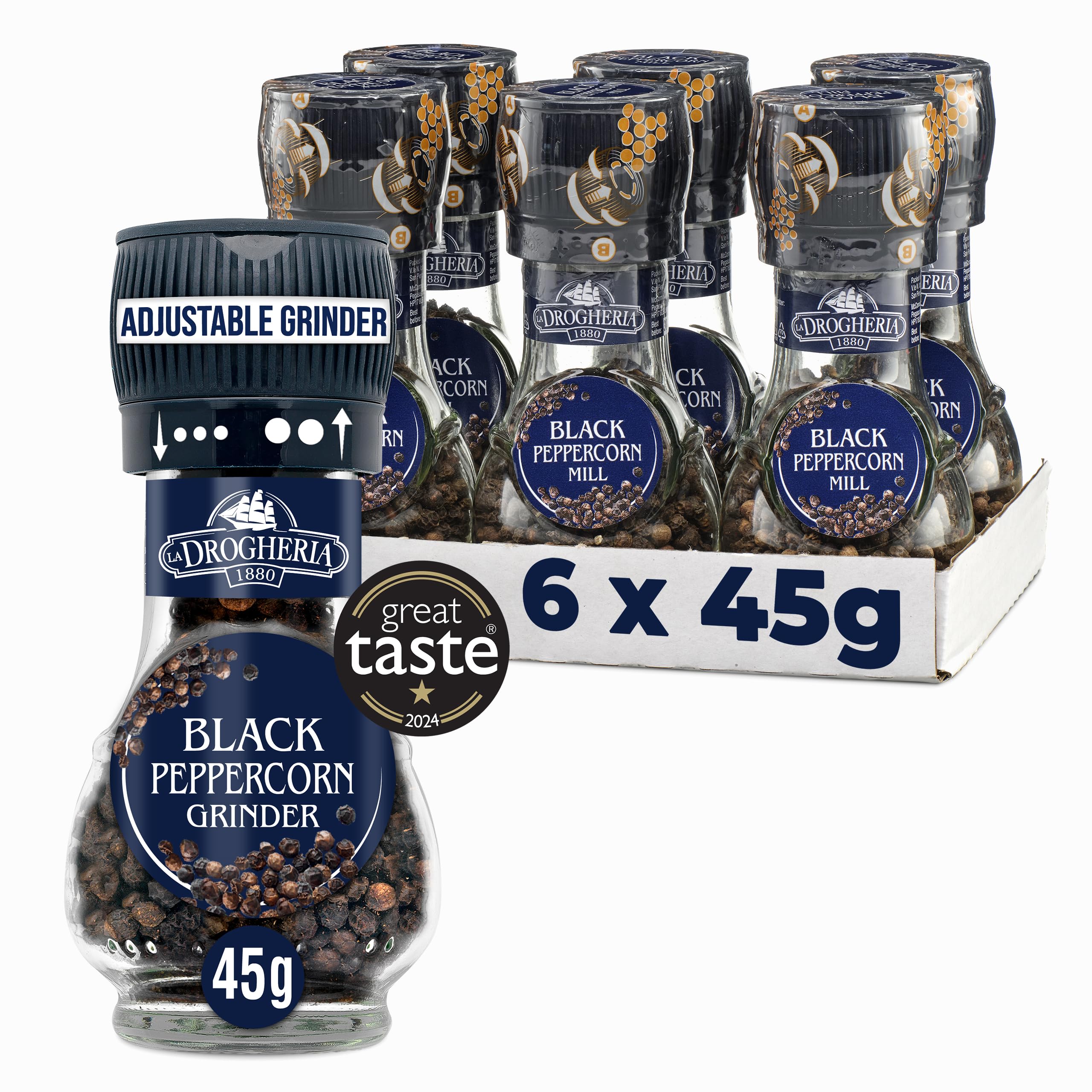 La Drogheria Black Pepper Corns with Adjustable Grinder - 45g (6 Pack)