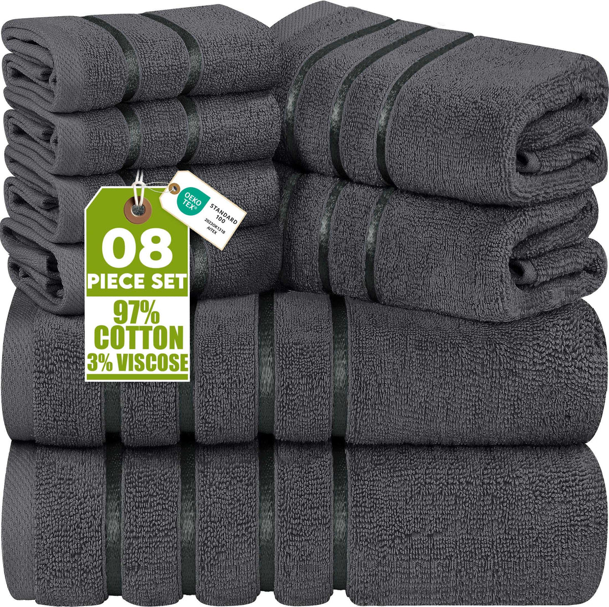Utopia Towels 8-Piece Luxury Towel Set with Viscose Stripe, Grey - image 1