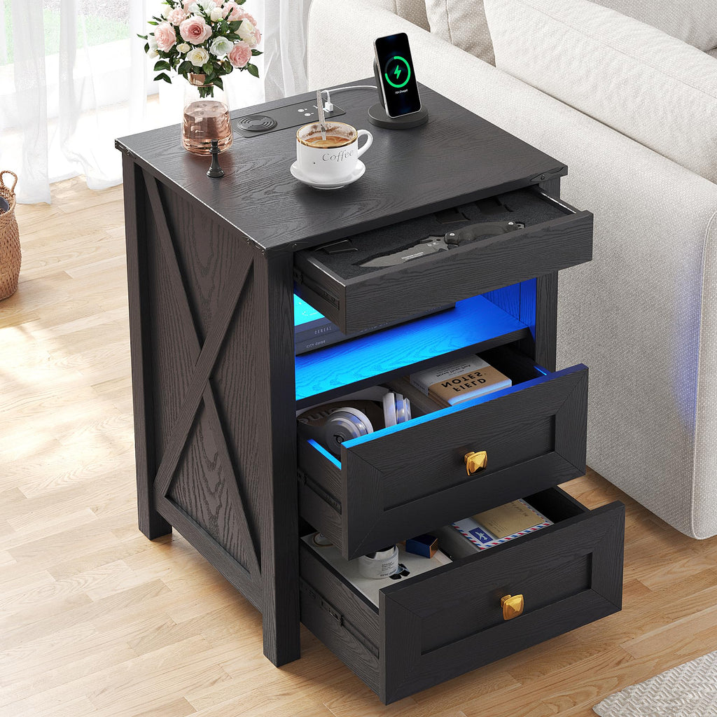 FREDEES LED Bedside Table with Hidden Drawer for Bedroom, Black - image 1