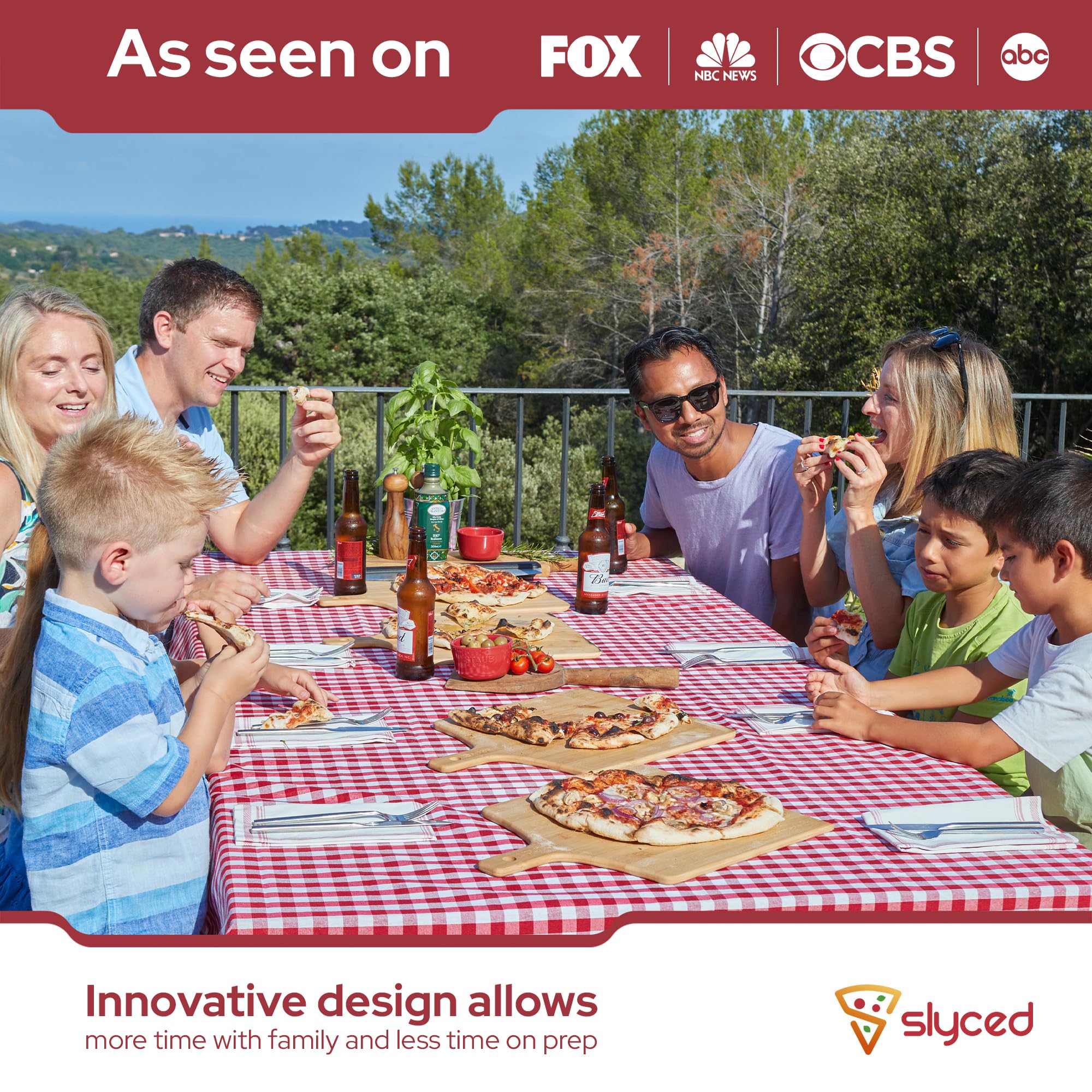 Slyced Bamboo Pizza Peel Rack with 4 Non-Stick 12 Inch Pizza Paddles