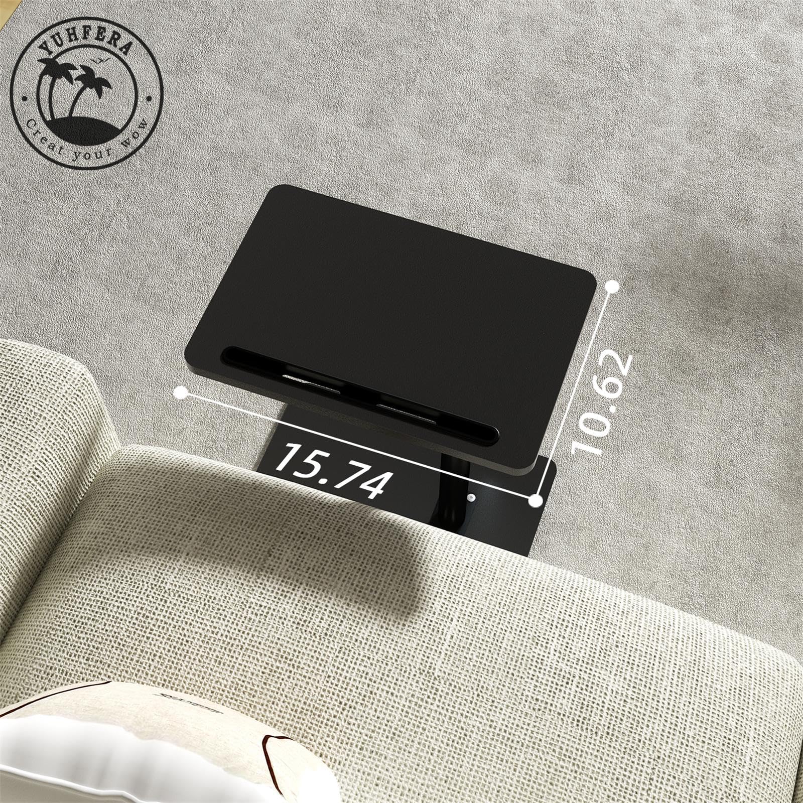 YUHFERA C-Shaped Side Table – 360° Swivel Height Adjustable Sofa Tray