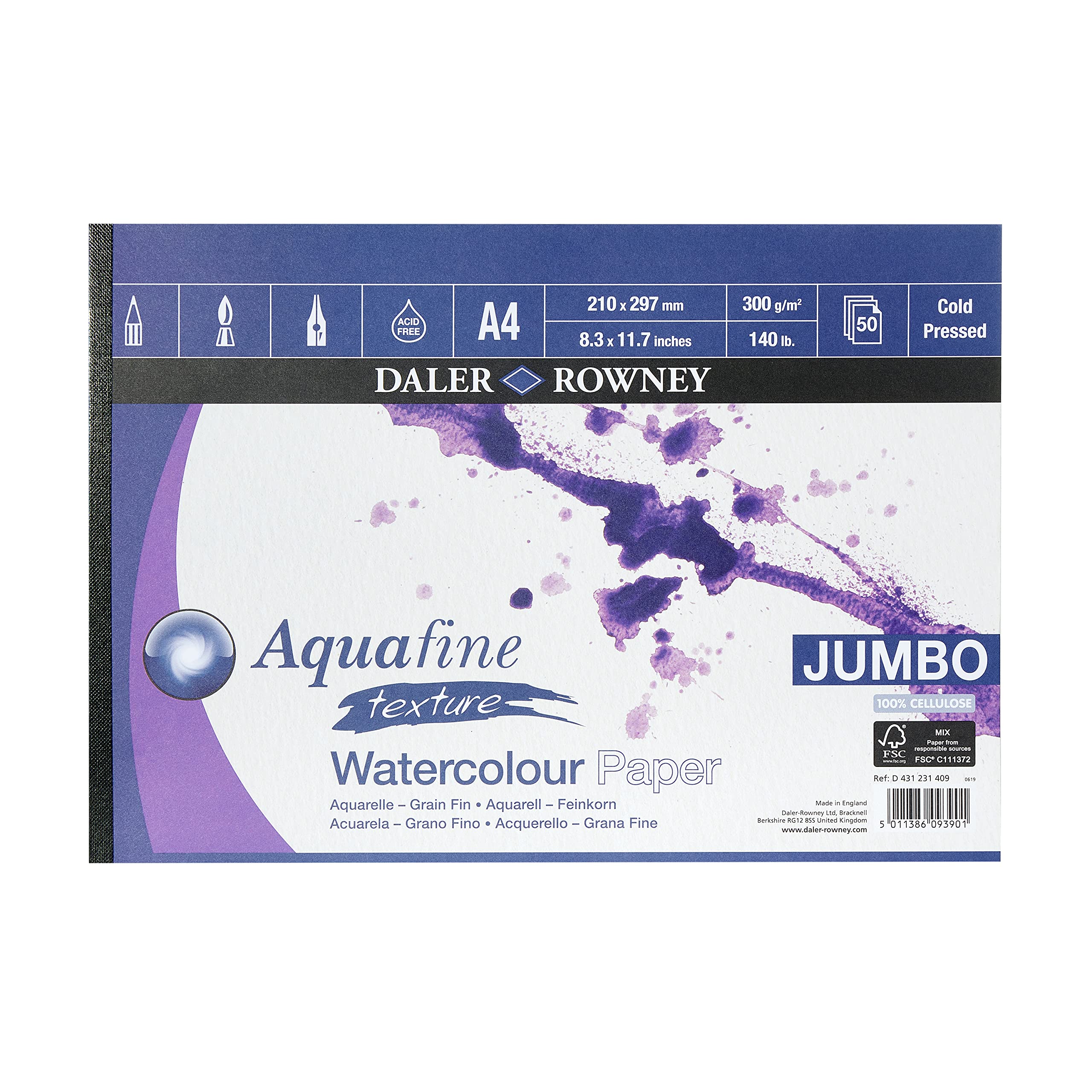 Daler-Rowney Aquafine A4 Watercolour Pad – 300gsm Cold Pressed, 50 Sheets