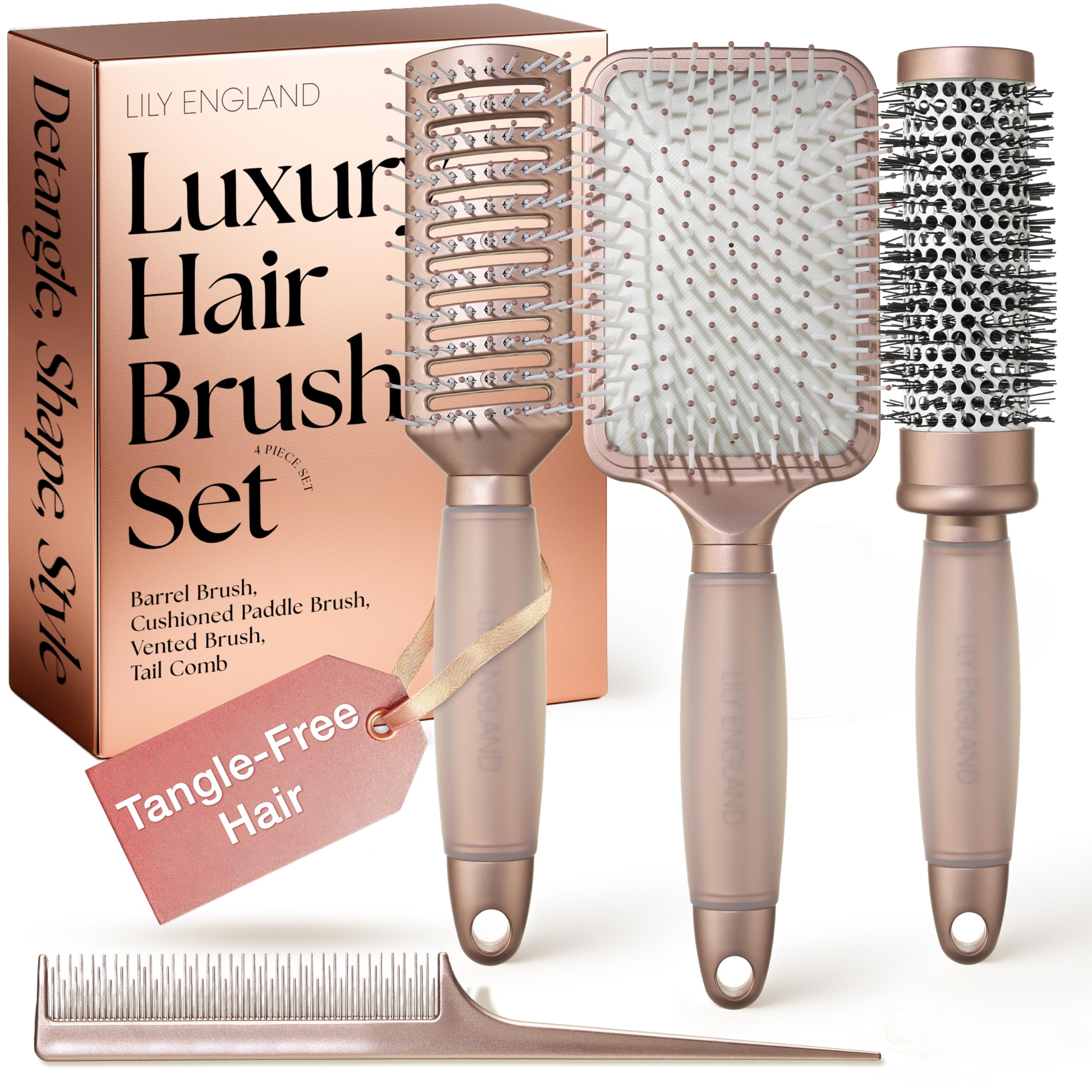 Lily England 4-Piece Hair Brush Gift Set | Professional Matte Rose Gold
