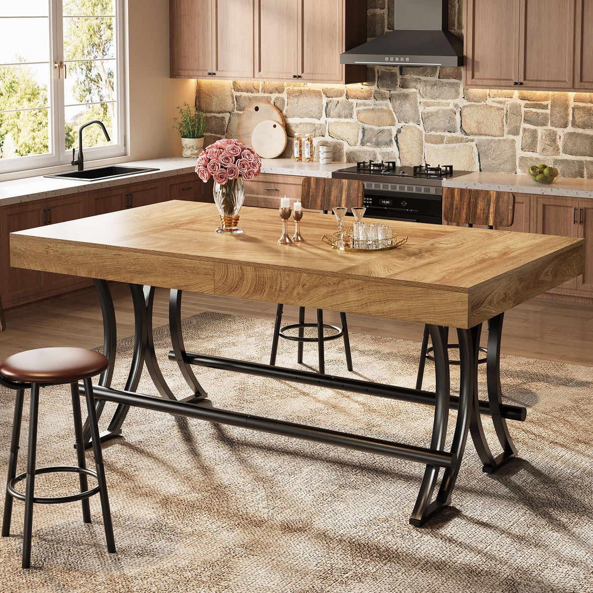 Tribesigns 90CM Tall Bar Pub Table with Metal Footrest,160CM Rectangular Counter Height Kitchen Dining Table - image 3