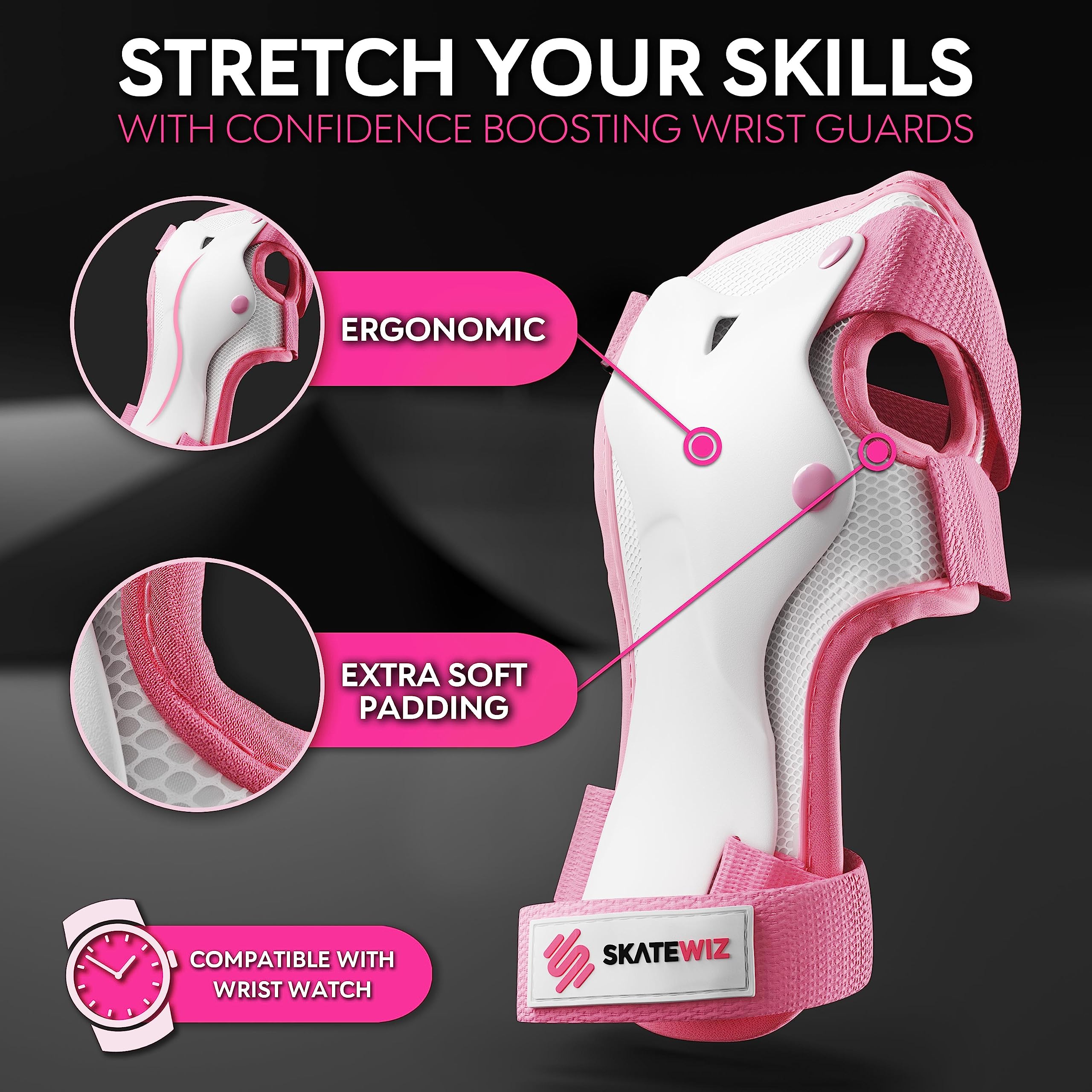 SKATEWIZ Kids Knee and Elbow Pads Set | Pink Protective Gear - Small