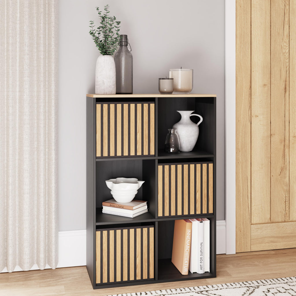 GFW Kube 2x3 Storage Unit Black & Medium Oak, Cube Bookcase with Open and Hidden Storage Compartments, Modern Shelving Unit - image 1