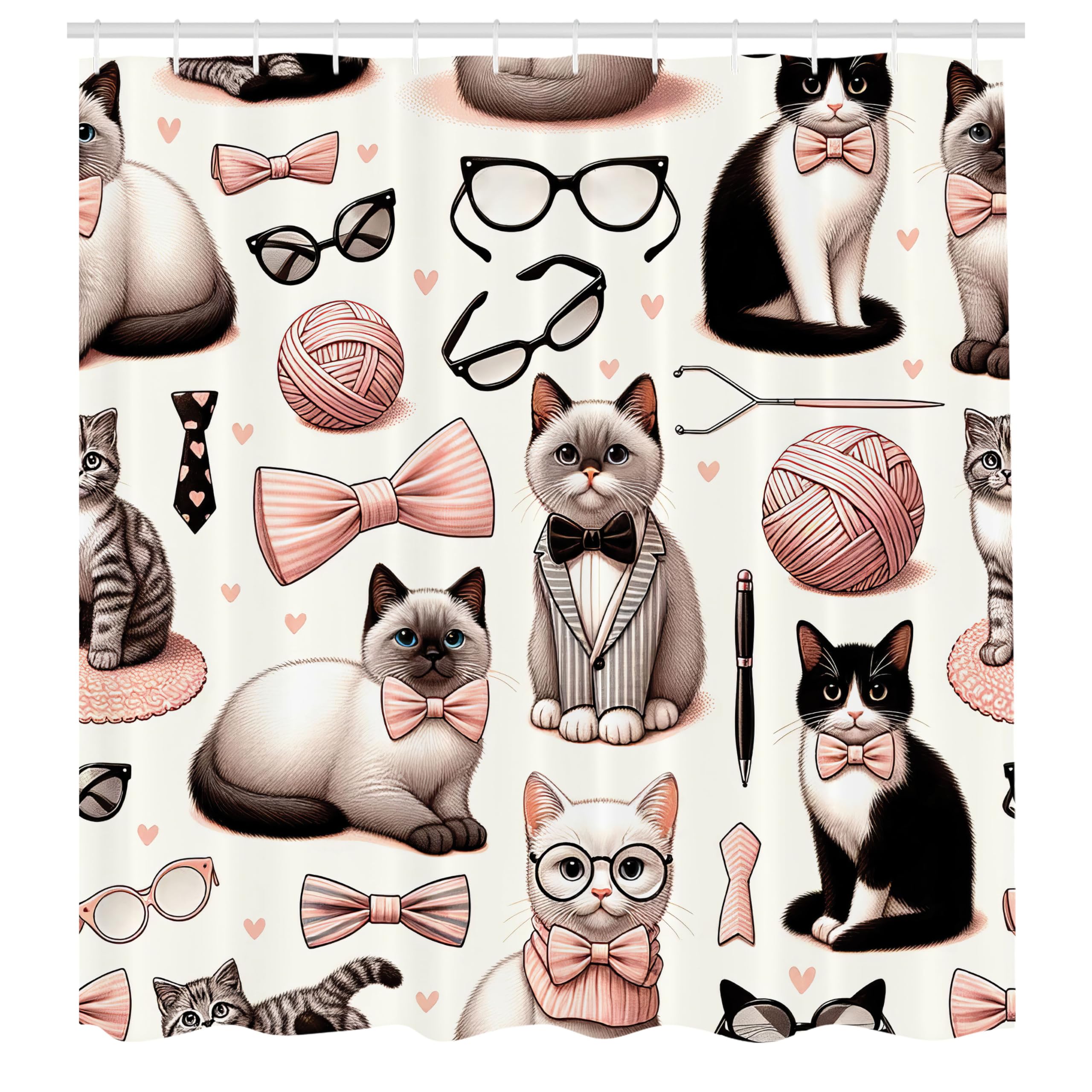ABAKUHAUS Cat Shower Curtain | Funny Nerd Kitties Fabric Decor | 175x200cm