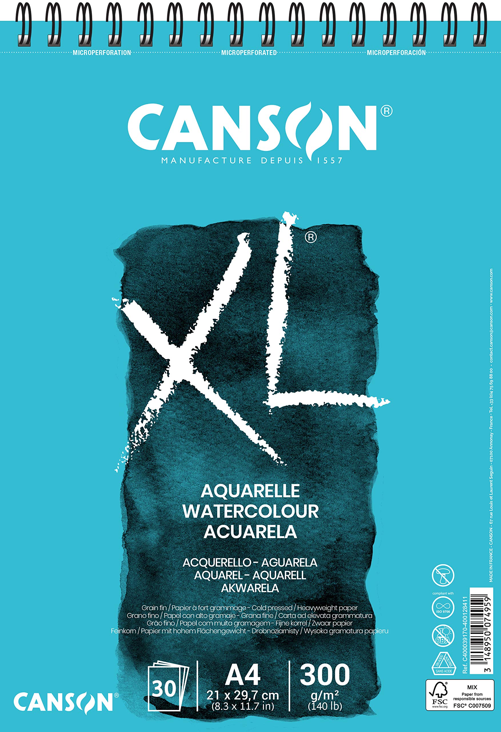 Canson XL Watercolor Spiral Pad – A4 Cold Pressed 300gsm, 30 Sheets