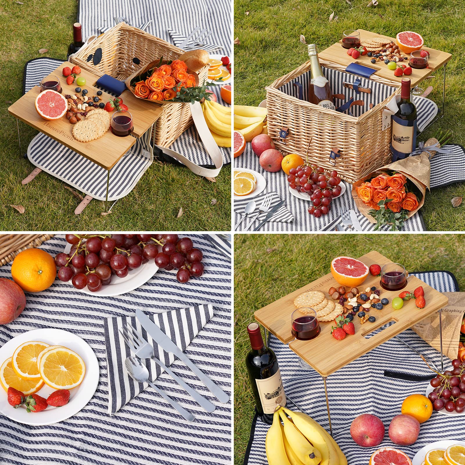Jolof Store Wicker Picnic Basket for 2 with Bamboo Wine Table & Blanket