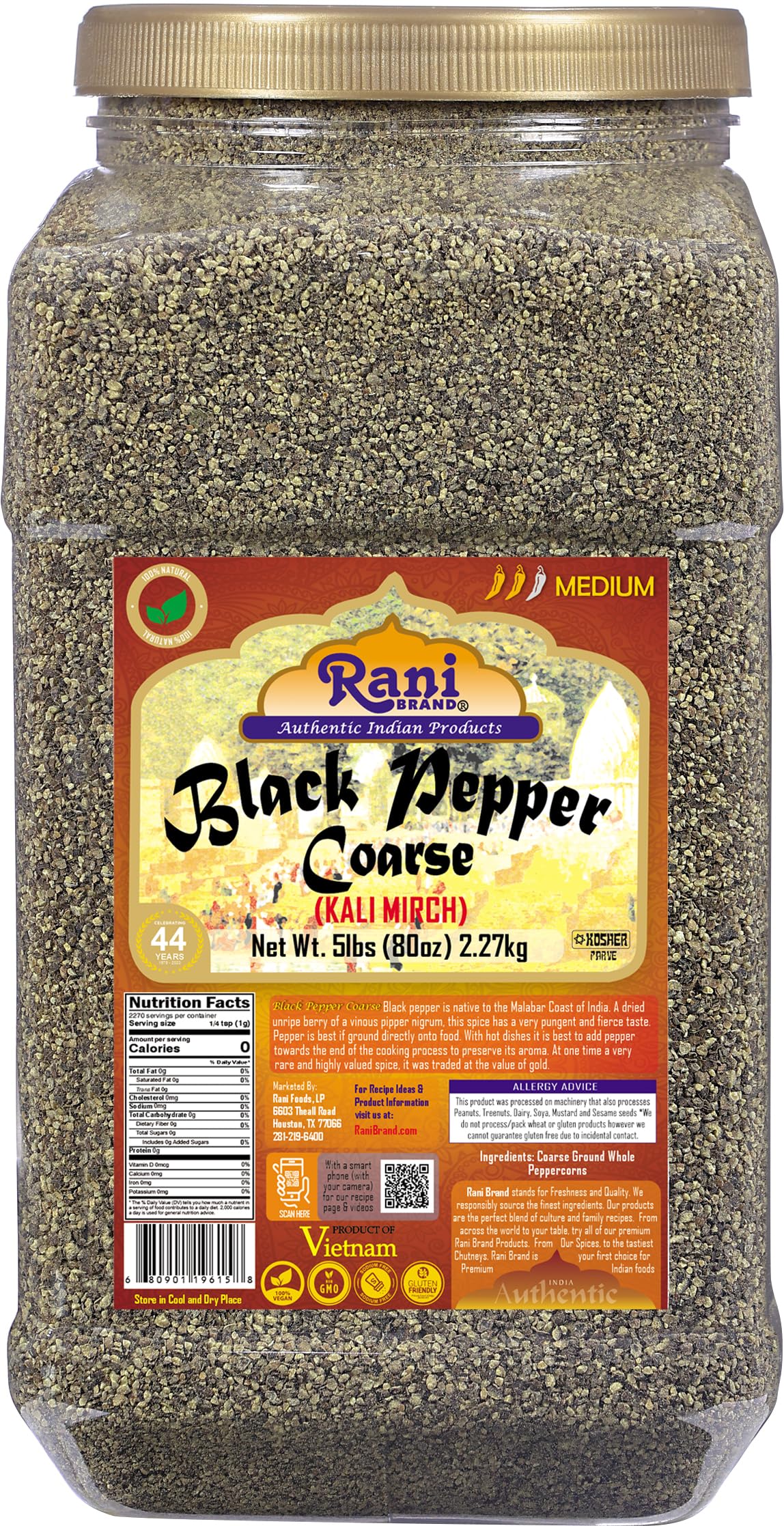 Rani Black Pepper Coarse Ground 28 Mesh Table Grind - 5lbs Bulk PET Jar